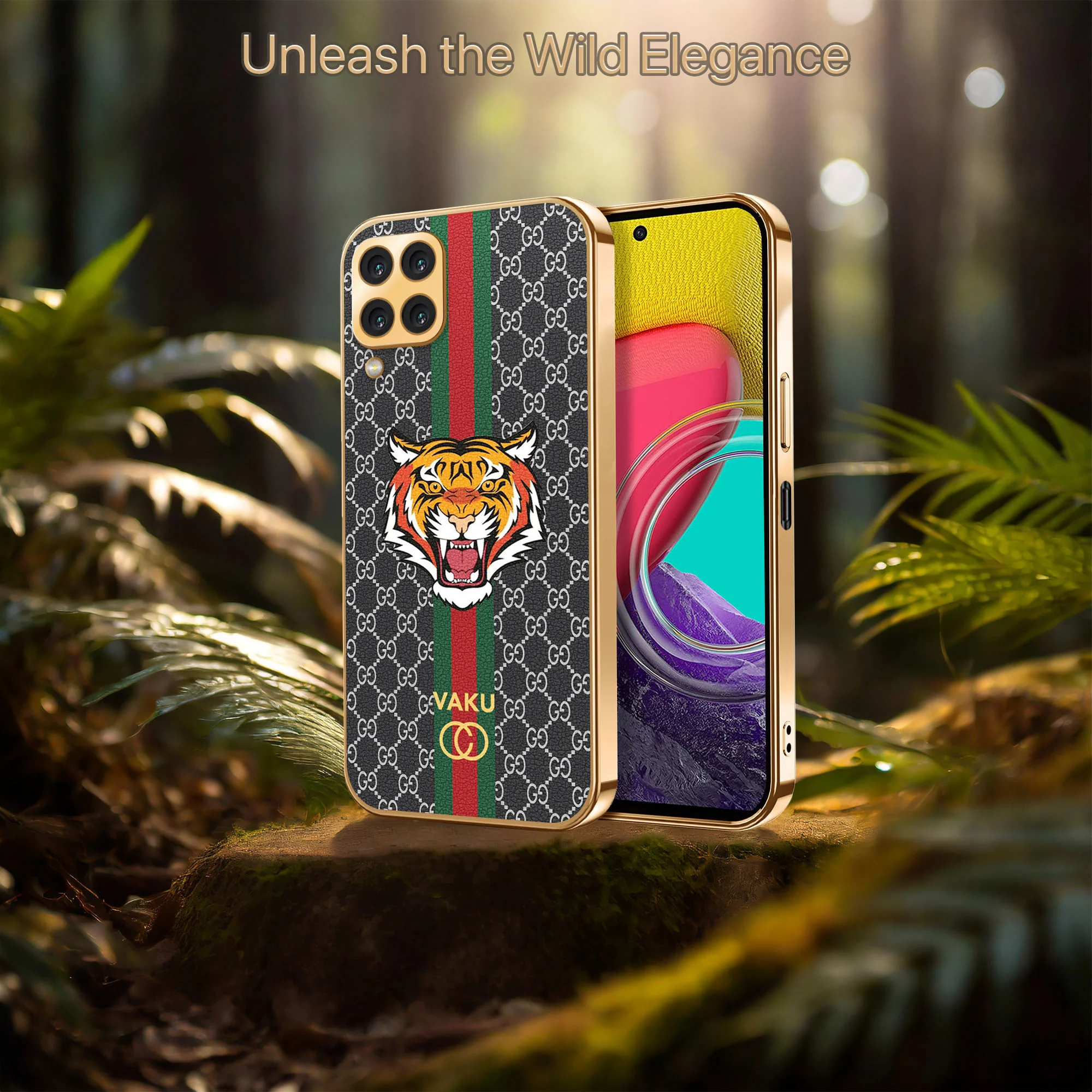 Vaku ® Samsung Galaxy M53 Lynx Leather Stitched Gold Electroplated Soft TPU Back Cover Case - Image 9