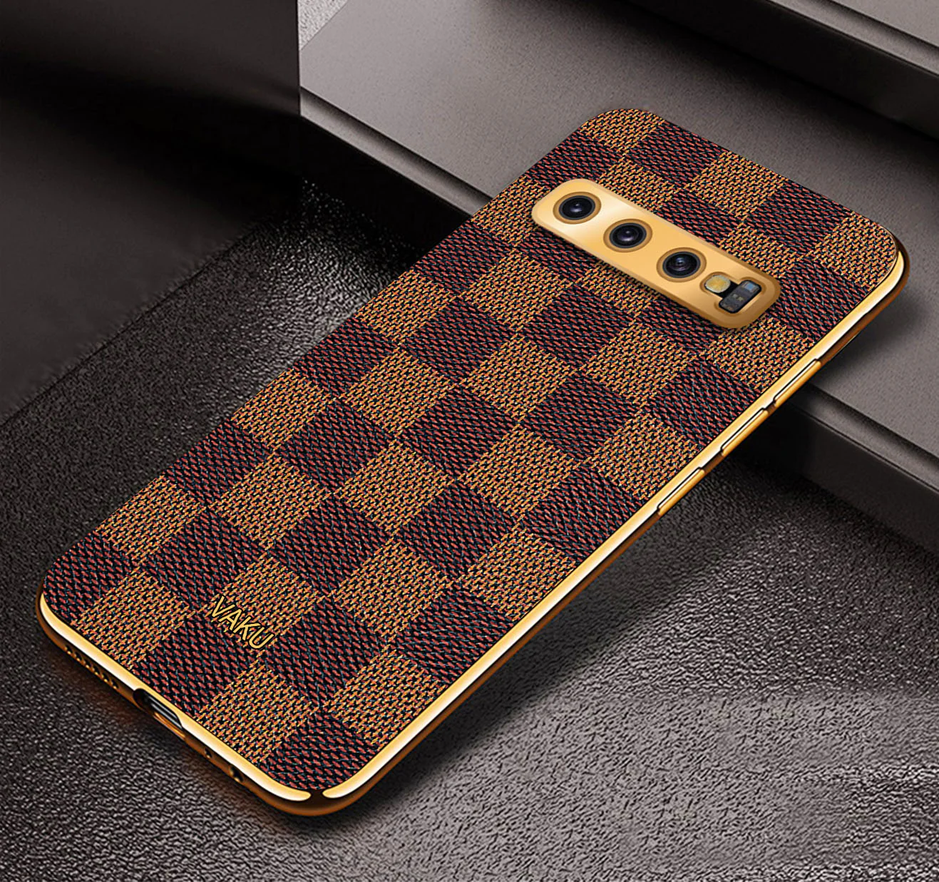 Vaku® Samsung Galaxy S10 Plus Cheron Series Leather Stitched Gold Electroplated Soft TPU Back Cover - Image 3
