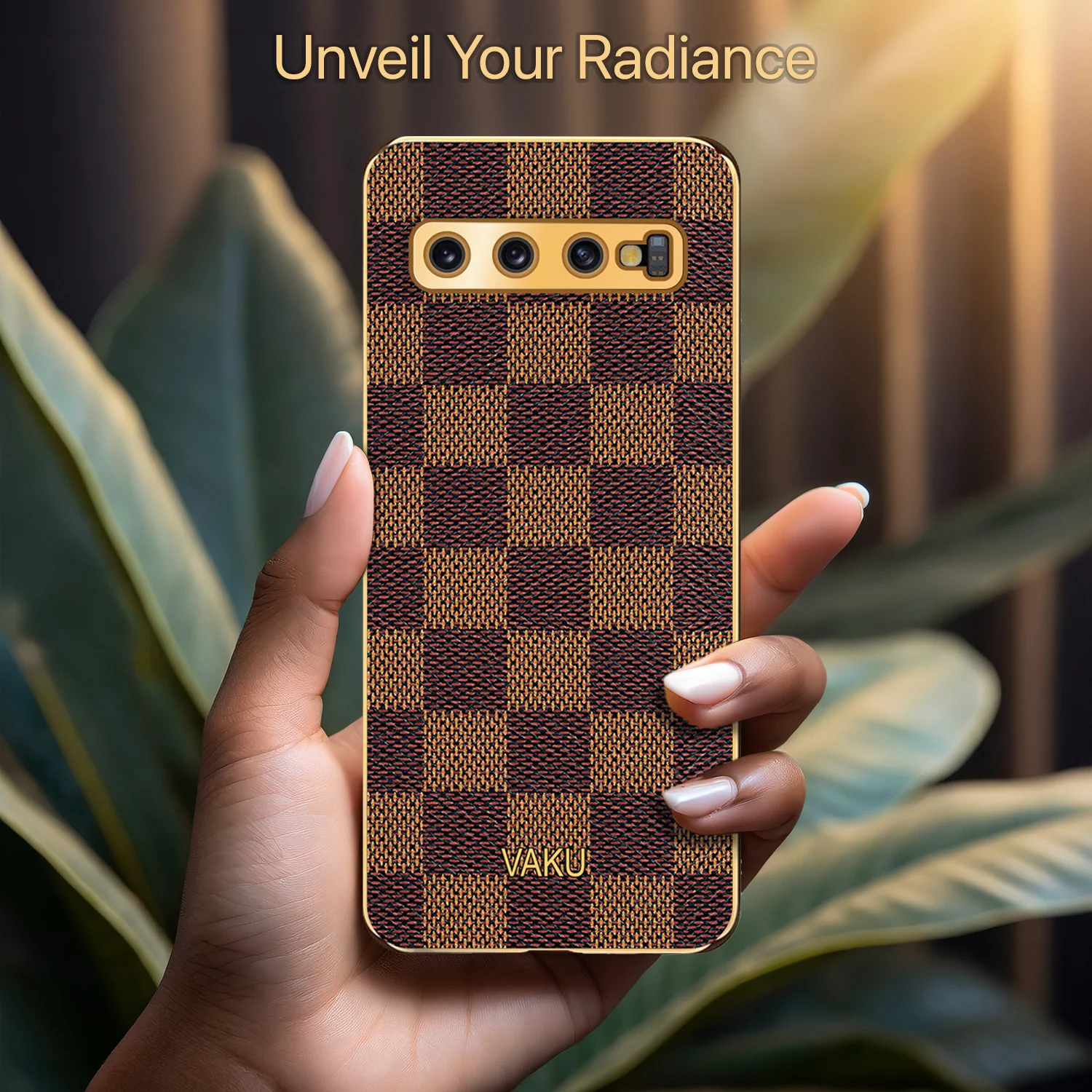 Vaku® Samsung Galaxy S10 Plus Cheron Series Leather Stitched Gold Electroplated Soft TPU Back Cover - Image 7