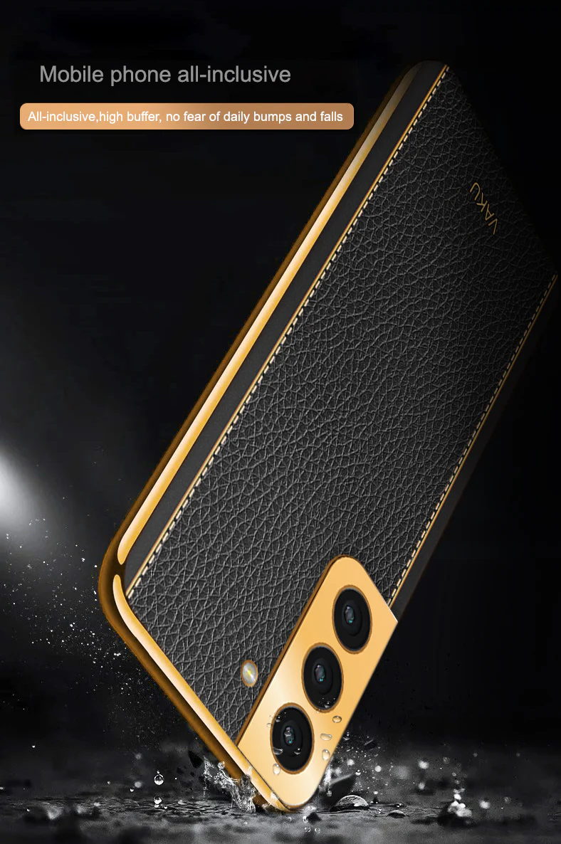 Vaku® Samsung Galaxy S21 FE 5G Luxemberg Series Leather Stitched Gold Electroplated Soft TPU Back Cover - Image 13