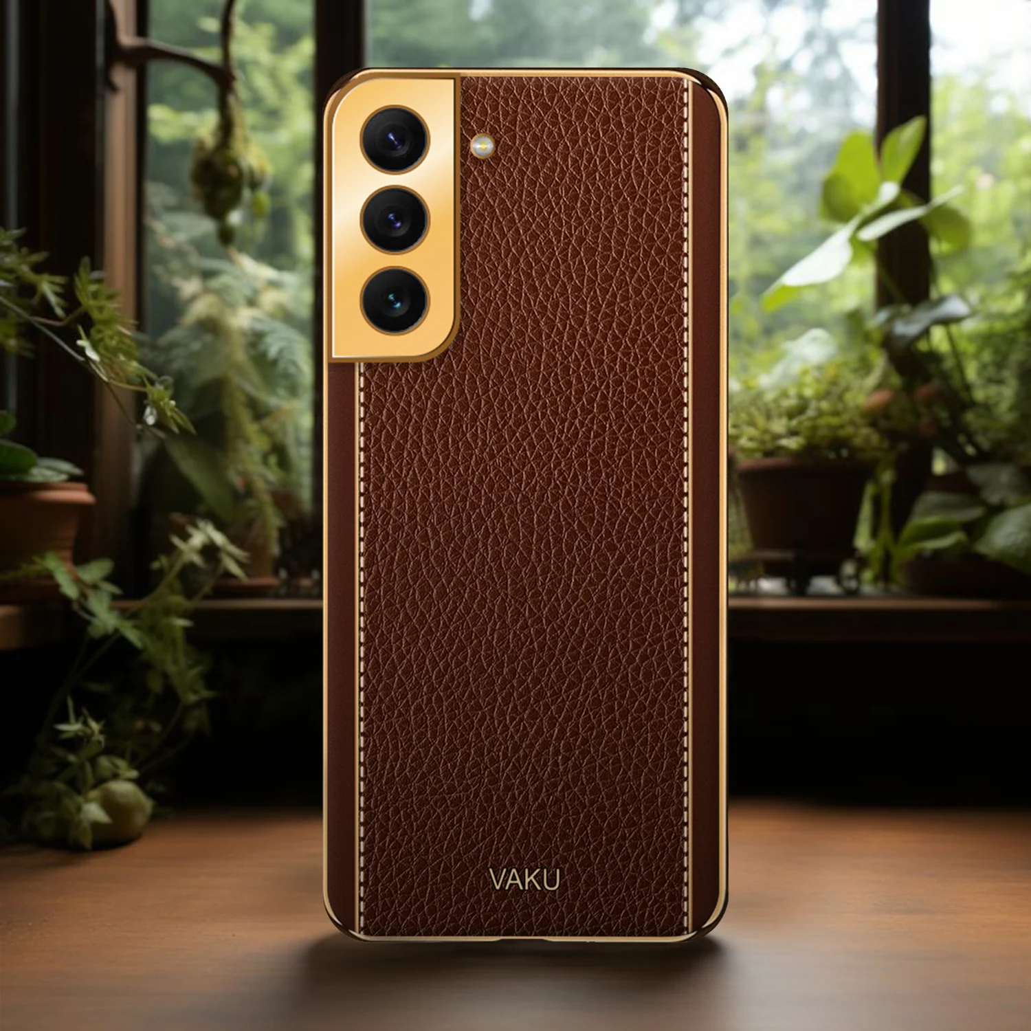 Vaku® Samsung Galaxy S21 FE 5G Luxemberg Series Leather Stitched Gold Electroplated Soft TPU Back Cover - Image 15