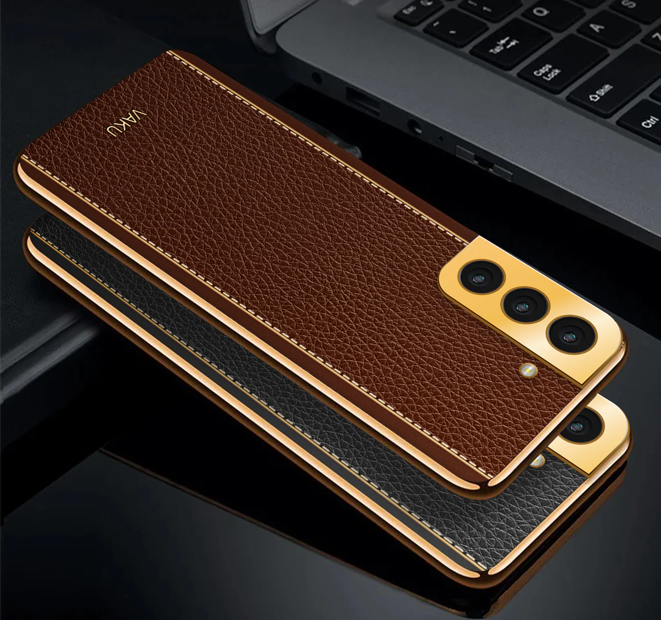 Vaku® Samsung Galaxy S21 FE 5G Luxemberg Series Leather Stitched Gold Electroplated Soft TPU Back Cover - Image 3
