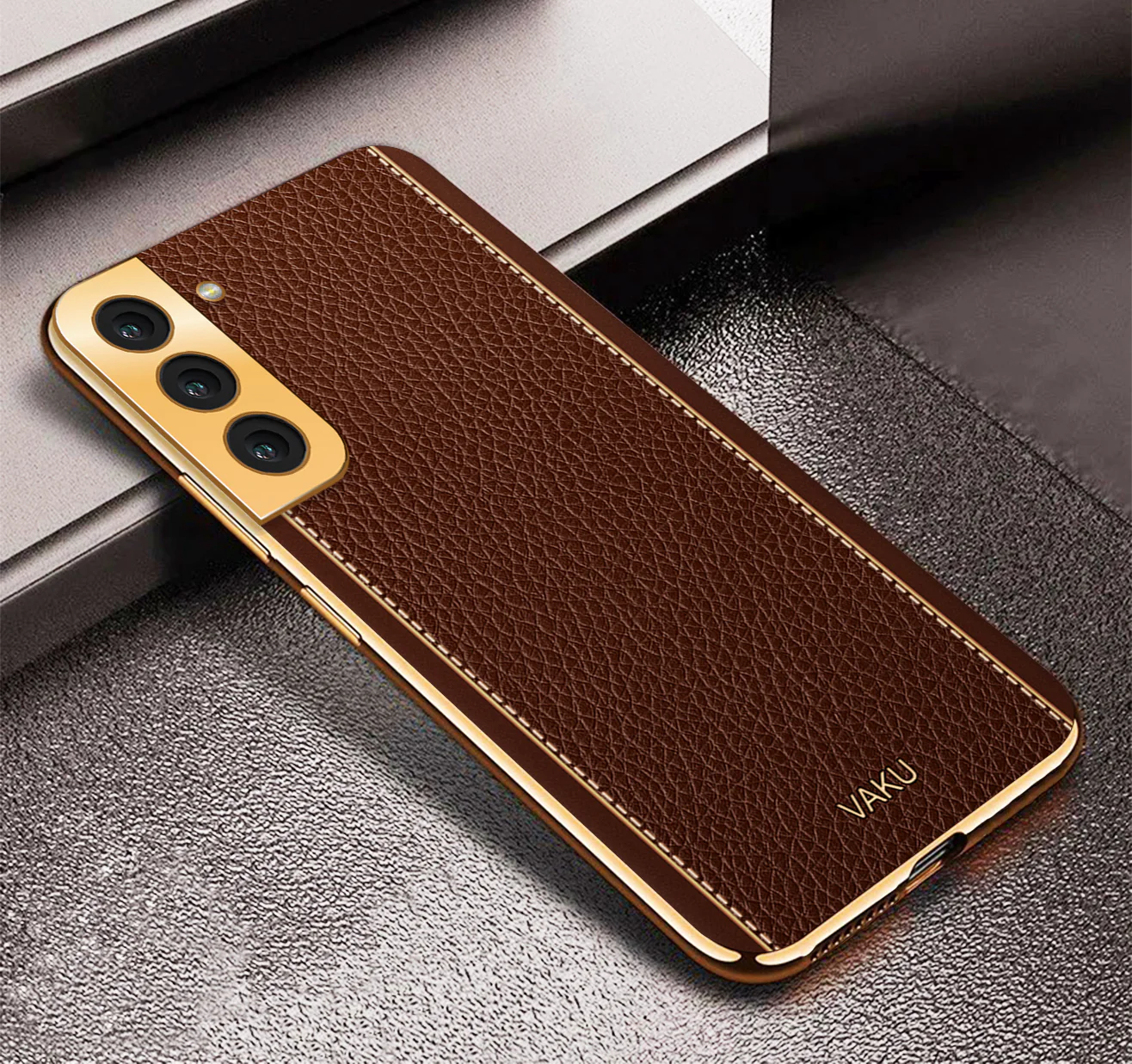 Vaku® Samsung Galaxy S21 FE 5G Luxemberg Series Leather Stitched Gold Electroplated Soft TPU Back Cover - Image 4