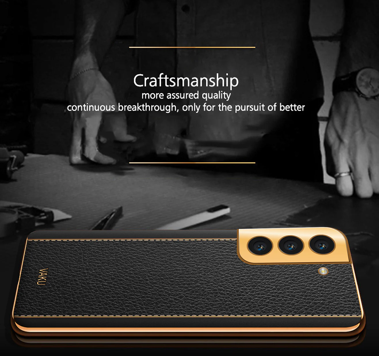 Vaku® Samsung Galaxy S21 FE 5G Luxemberg Series Leather Stitched Gold Electroplated Soft TPU Back Cover - Image 6