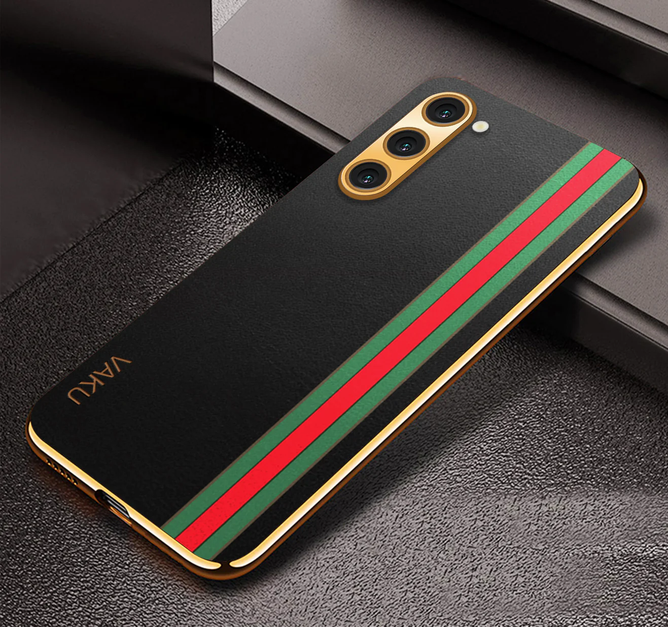 Vaku® Samsung Galaxy S21 FE Felix Line Leather Stitched Gold Electroplated Soft TPU Back Cover - Image 2
