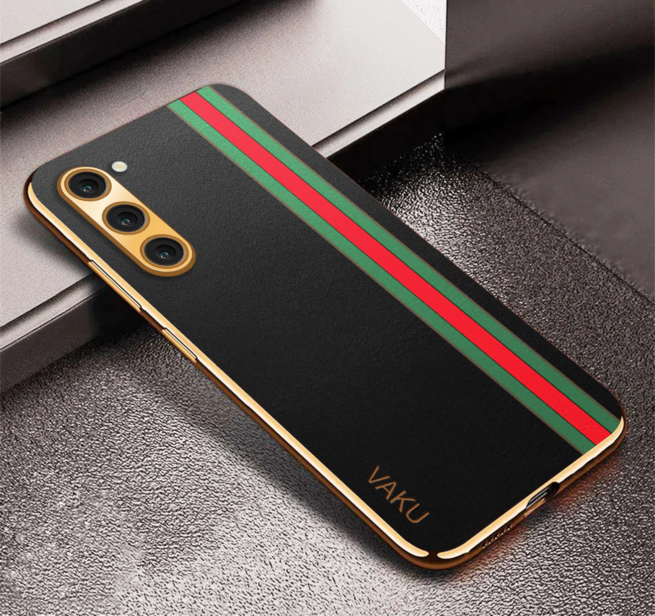 Vaku® Samsung Galaxy S21 FE Felix Line Leather Stitched Gold Electroplated Soft TPU Back Cover - Image 6