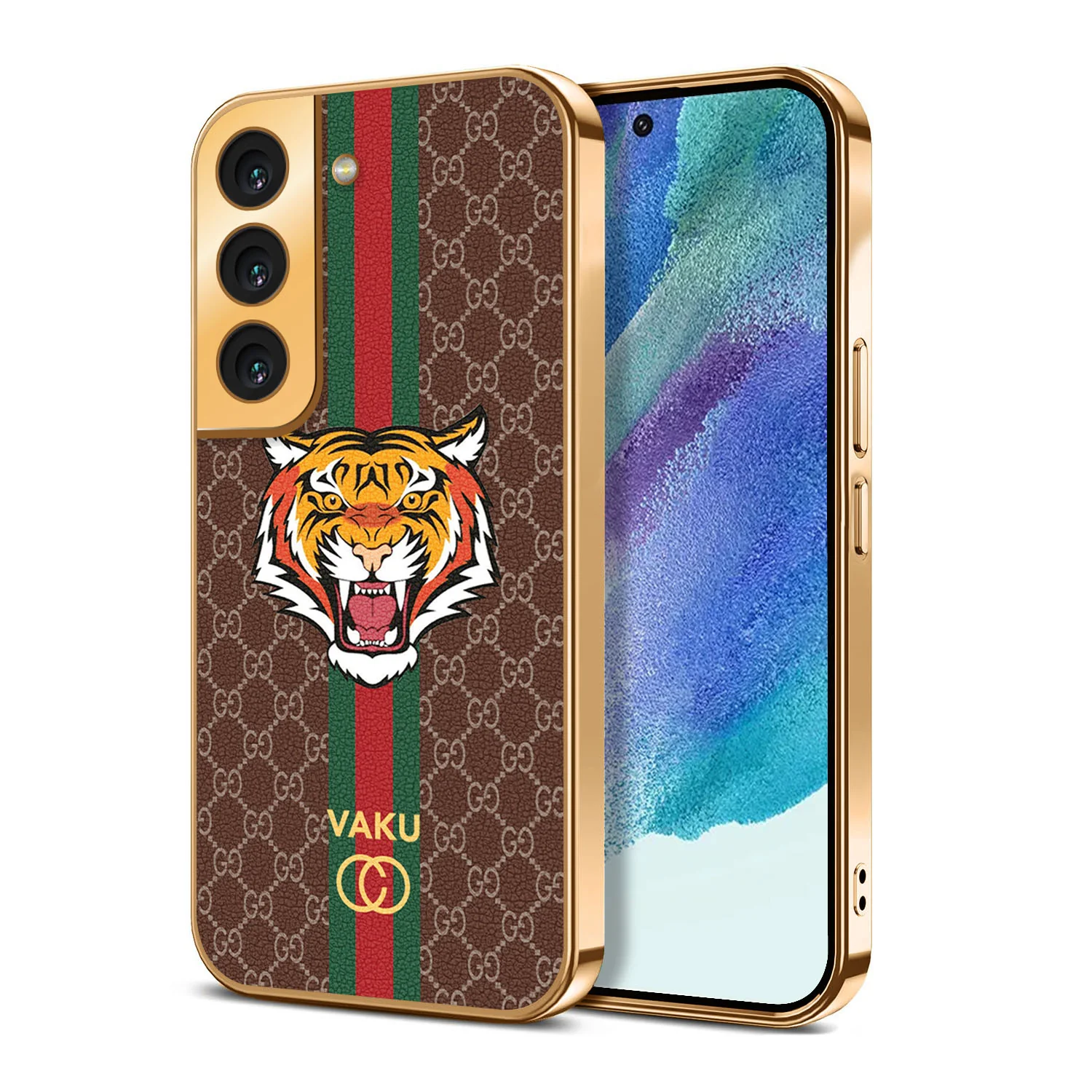 Vaku ® Samsung Galaxy S21 FE Lynx Leather Stitched Gold Electroplated Soft TPU Back Cover - Image 11