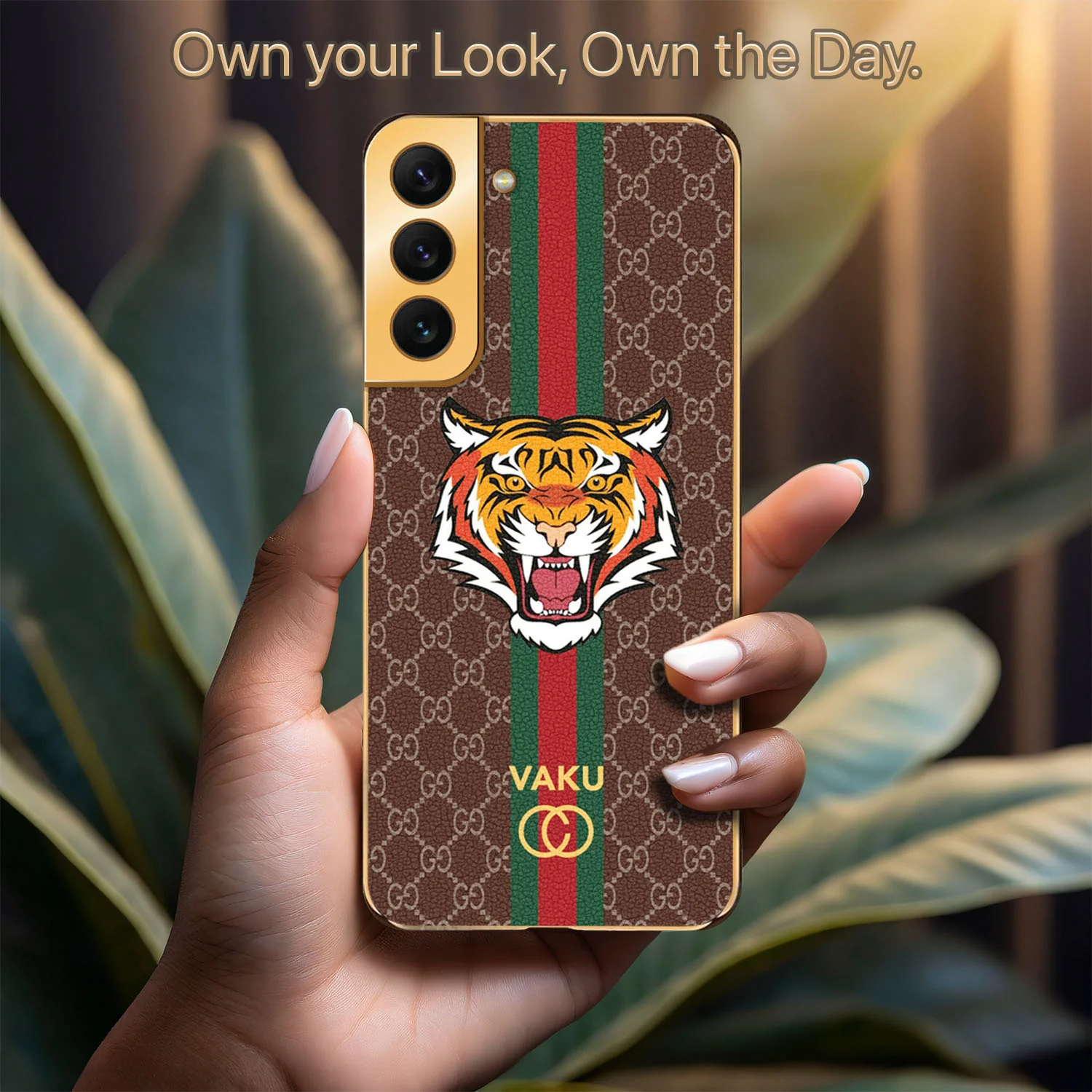 Vaku ® Samsung Galaxy S21 FE Lynx Leather Stitched Gold Electroplated Soft TPU Back Cover - Image 12