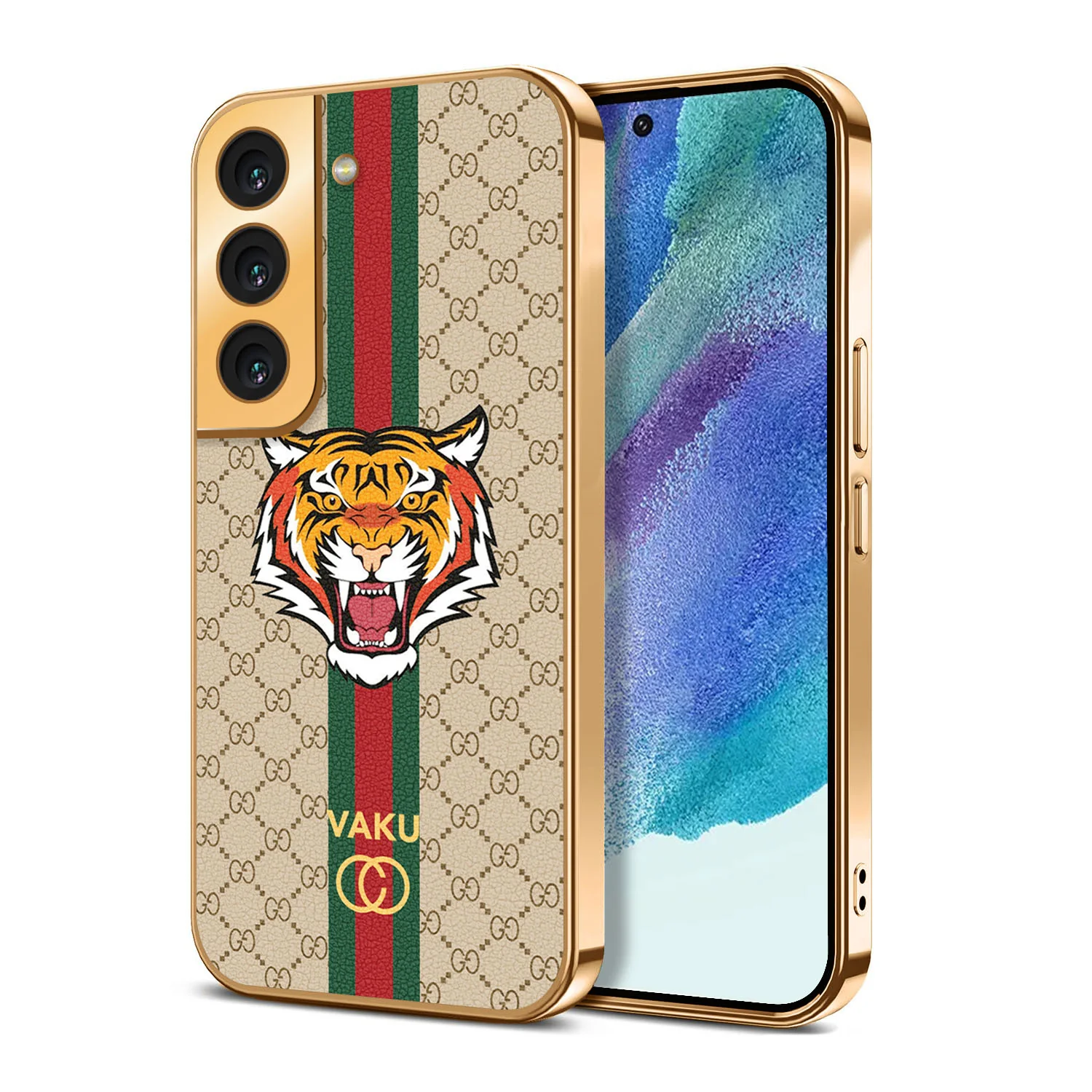 Vaku ® Samsung Galaxy S21 FE Lynx Leather Stitched Gold Electroplated Soft TPU Back Cover - Image 13