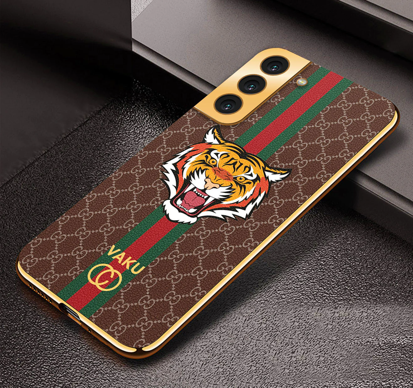 Vaku ® Samsung Galaxy S21 FE Lynx Leather Stitched Gold Electroplated Soft TPU Back Cover - Image 3