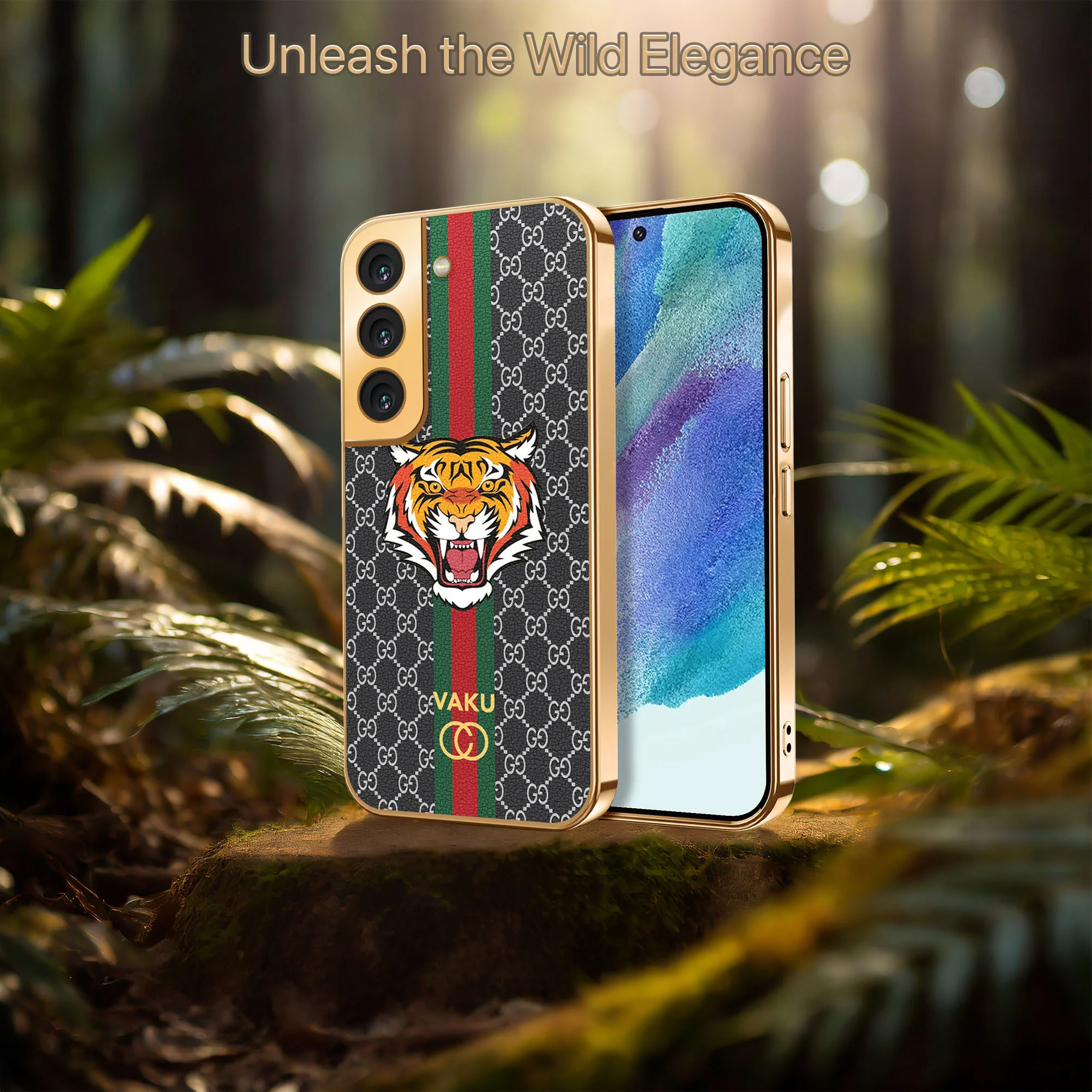 Vaku ® Samsung Galaxy S21 FE Lynx Leather Stitched Gold Electroplated Soft TPU Back Cover - Image 7