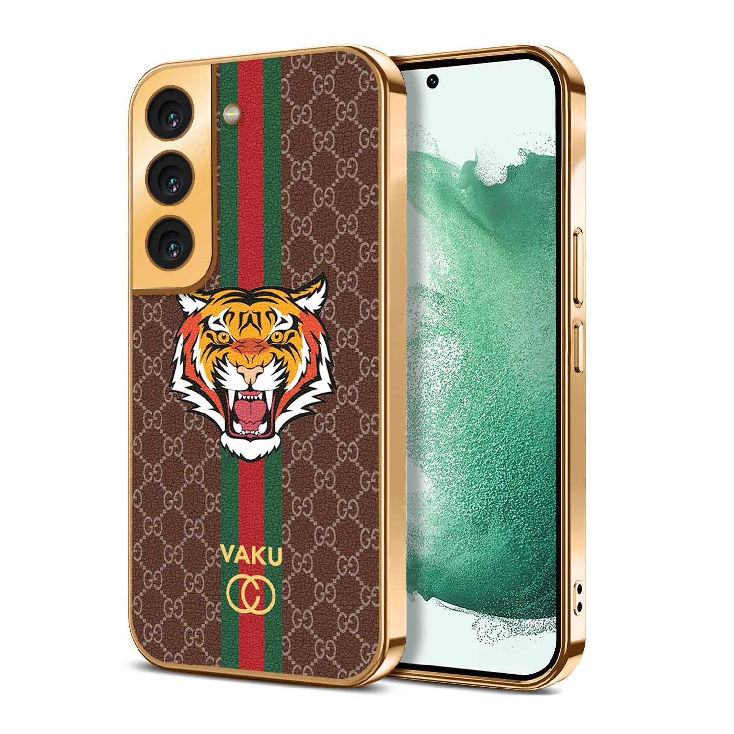 Vaku® Samsung Galaxy S22 Lynx Leather Stitched Gold Electroplated Soft TPU Back Cover Case - Image 13