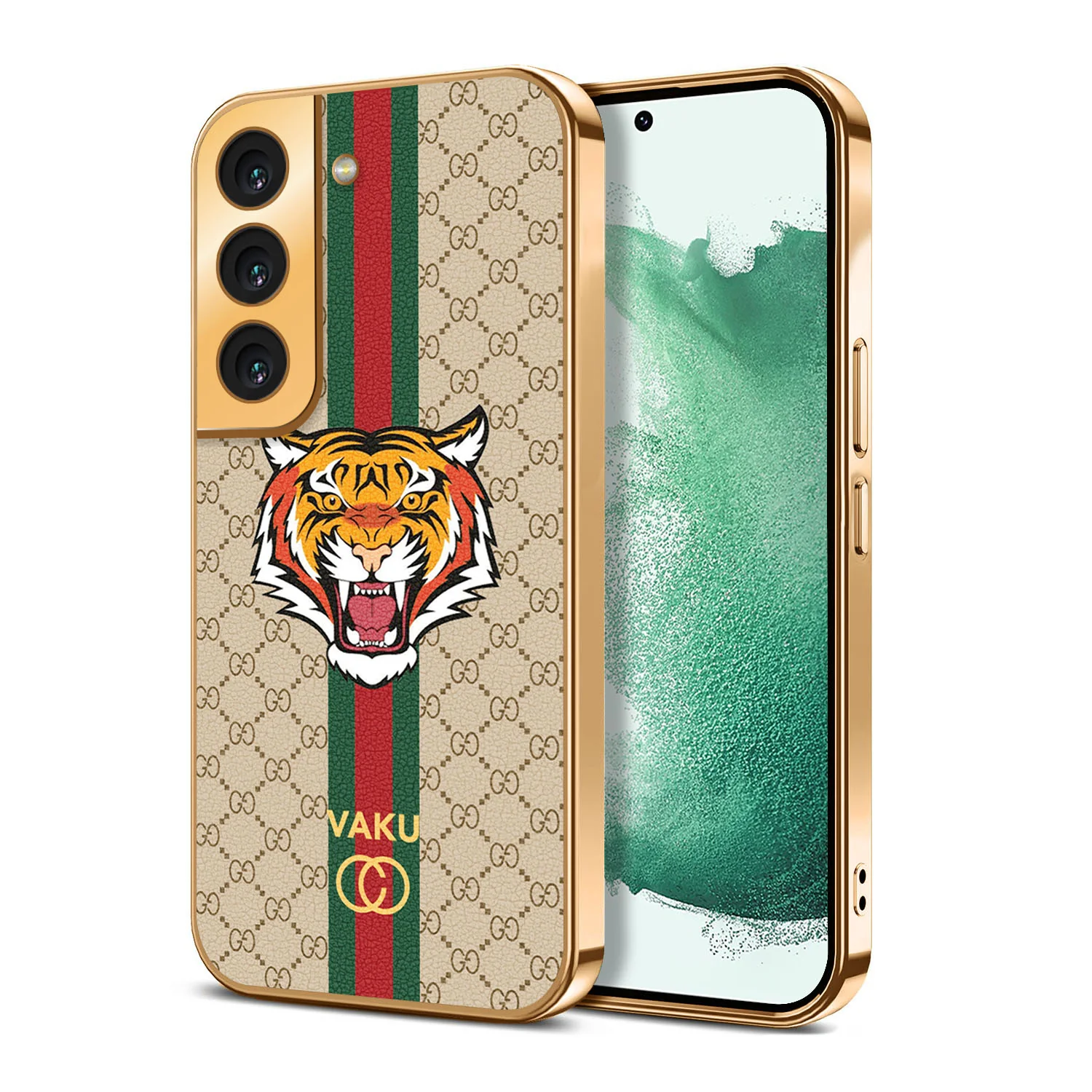 Vaku® Samsung Galaxy S22 Lynx Leather Stitched Gold Electroplated Soft TPU Back Cover Case - Image 15