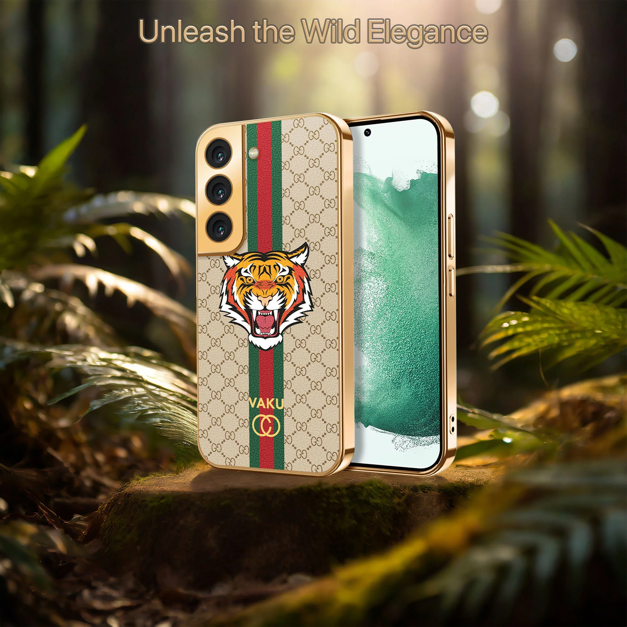 Vaku® Samsung Galaxy S22 Lynx Leather Stitched Gold Electroplated Soft TPU Back Cover Case - Image 5