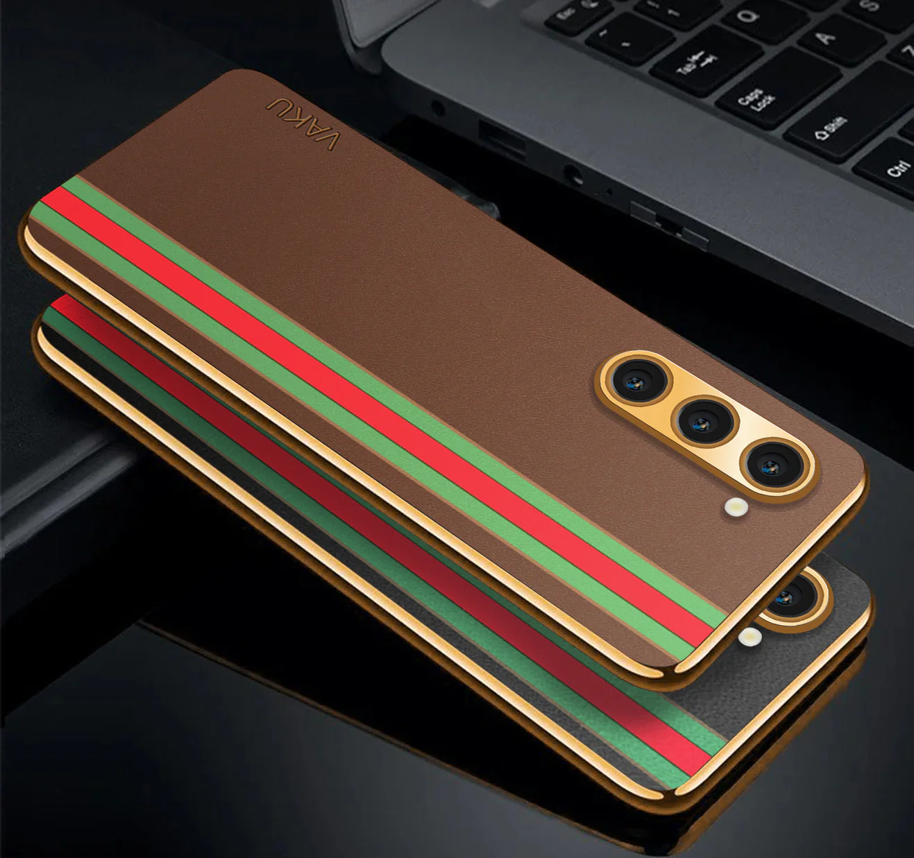 Vaku ® Samsung Galaxy S22 Plus Felix Line Leather Stitched Gold Electroplated Soft TPU Back Cover Case - Image 3