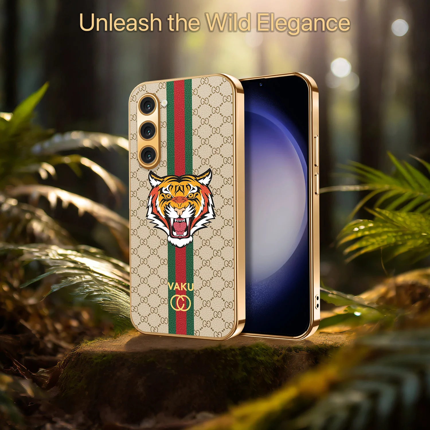 Vaku ® Samsung Galaxy S22 Plus Lynx Leather Stitched Gold Electroplated Soft TPU Back Cover Case - Image 11
