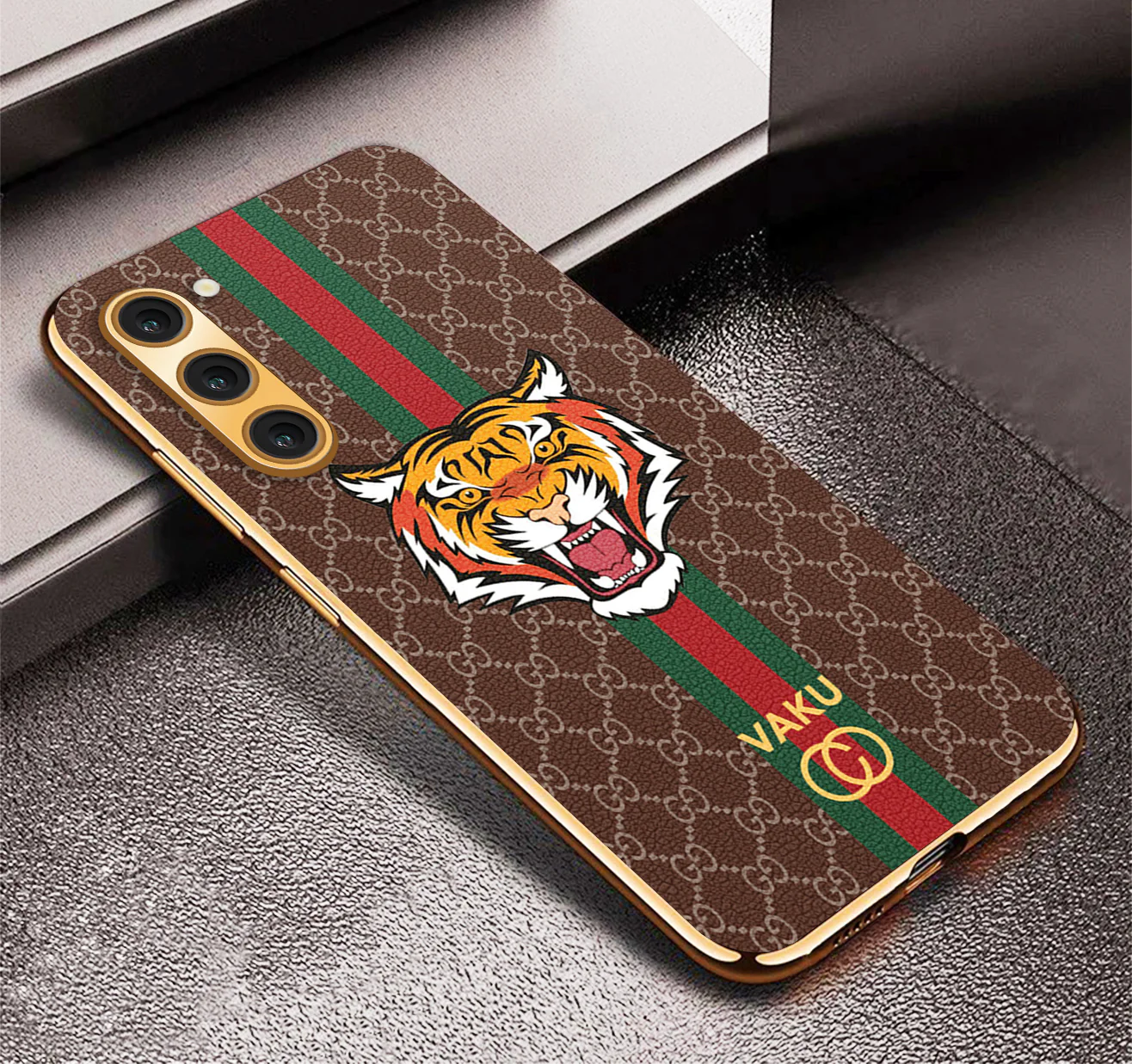 Vaku ® Samsung Galaxy S22 Plus Lynx Leather Stitched Gold Electroplated Soft TPU Back Cover Case - Image 16