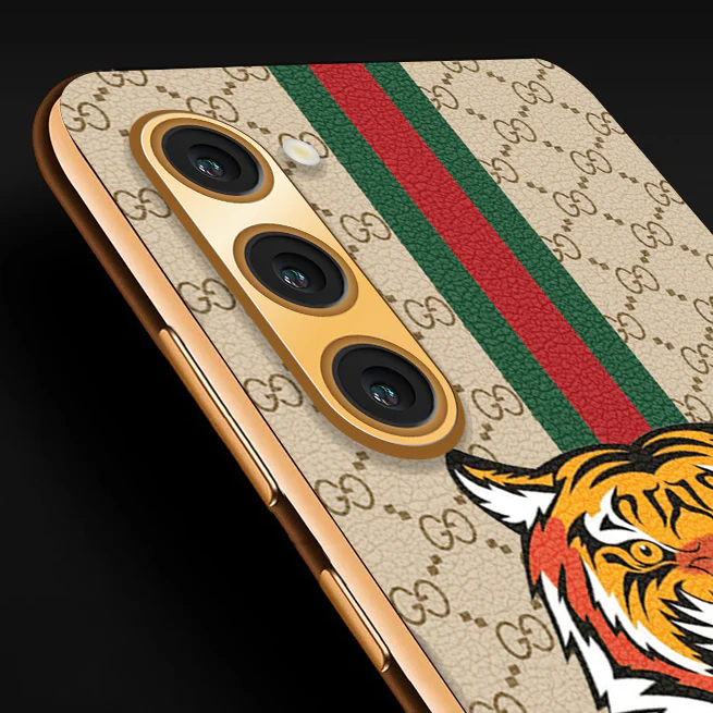 Vaku ® Samsung Galaxy S22 Plus Lynx Leather Stitched Gold Electroplated Soft TPU Back Cover Case - Image 2
