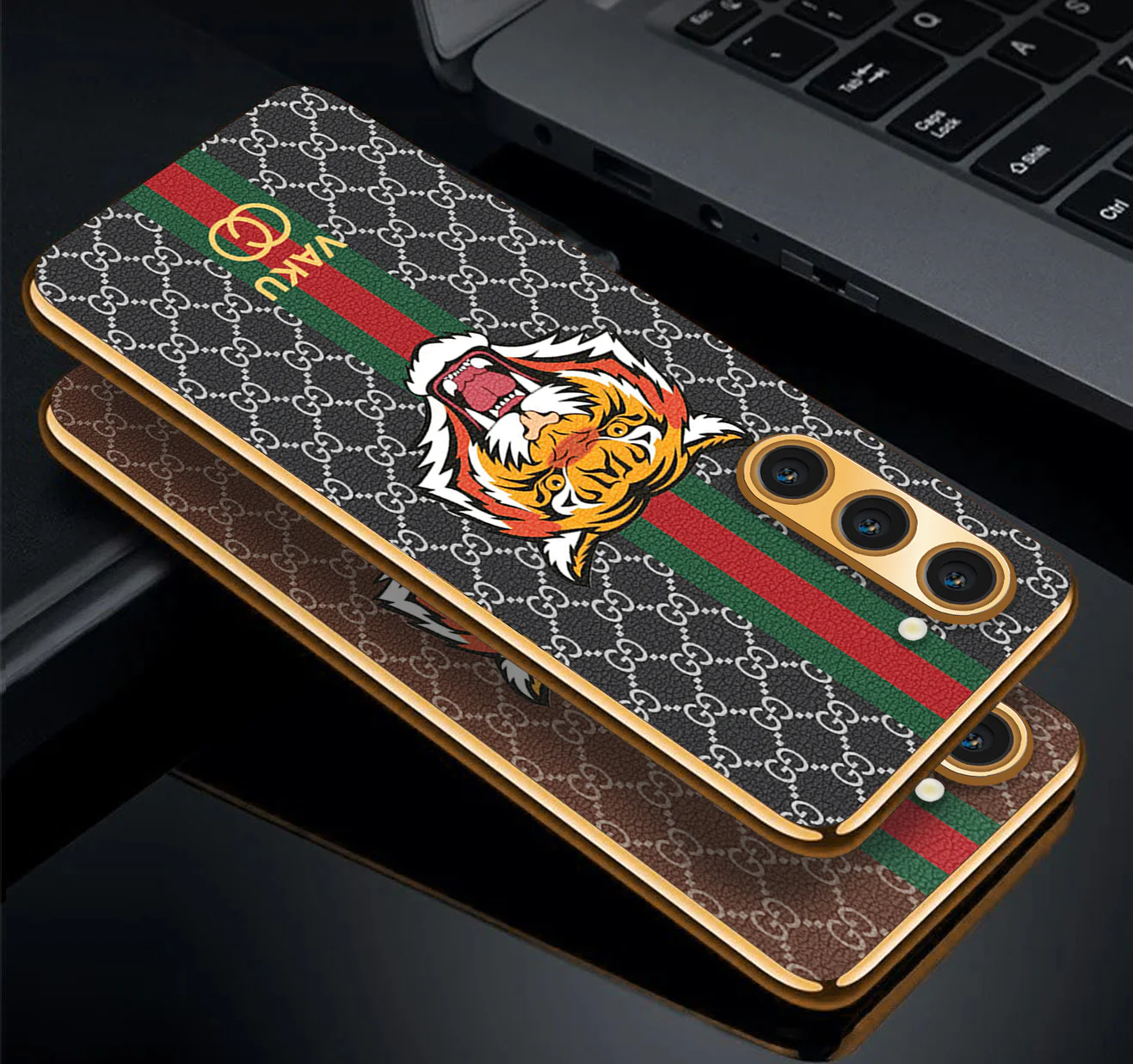 Vaku ® Samsung Galaxy S22 Plus Lynx Leather Stitched Gold Electroplated Soft TPU Back Cover Case - Image 4