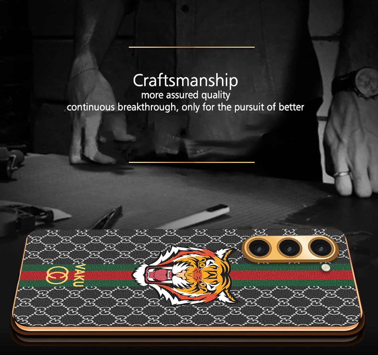 Vaku ® Samsung Galaxy S22 Plus Lynx Leather Stitched Gold Electroplated Soft TPU Back Cover Case - Image 5