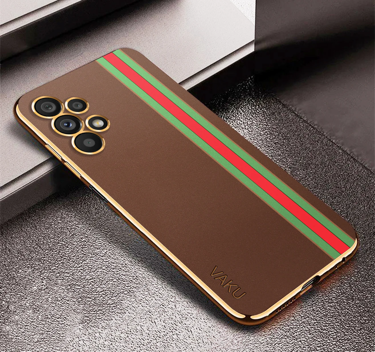 Vaku ® Samsung Galaxy S22 Ultra Felix Line Leather Stitched Gold Electroplated Soft TPU Back Cover - Image 11