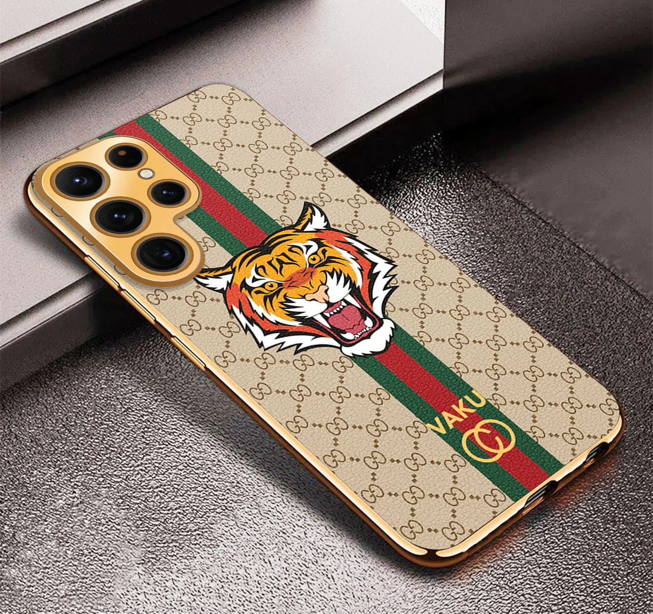 Vaku ® Samsung Galaxy S22 Ultra Lynx Leather Stitched Gold Electroplated Soft TPU Back Cover Case - Image 12