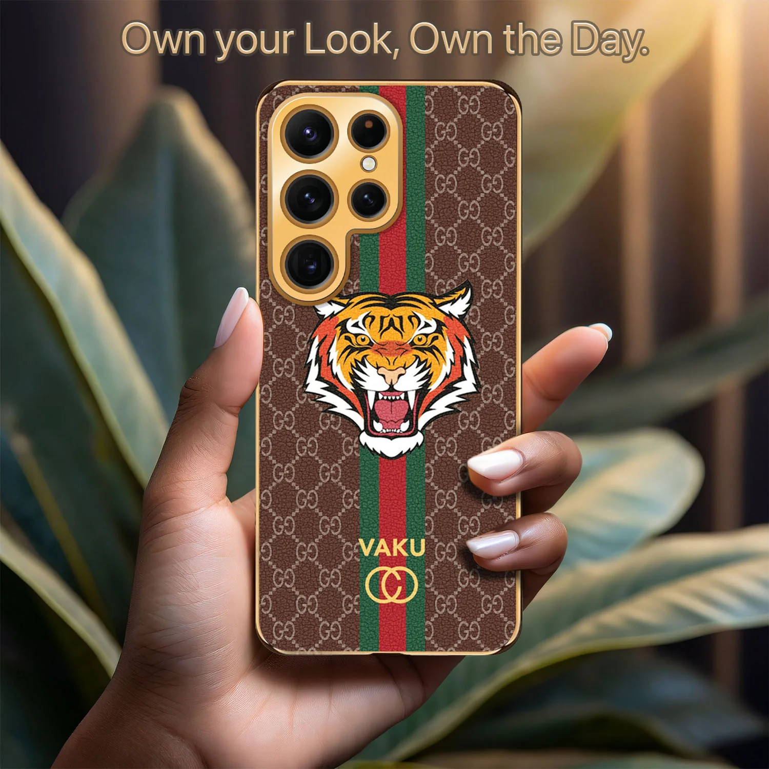 Vaku ® Samsung Galaxy S22 Ultra Lynx Leather Stitched Gold Electroplated Soft TPU Back Cover Case - Image 9