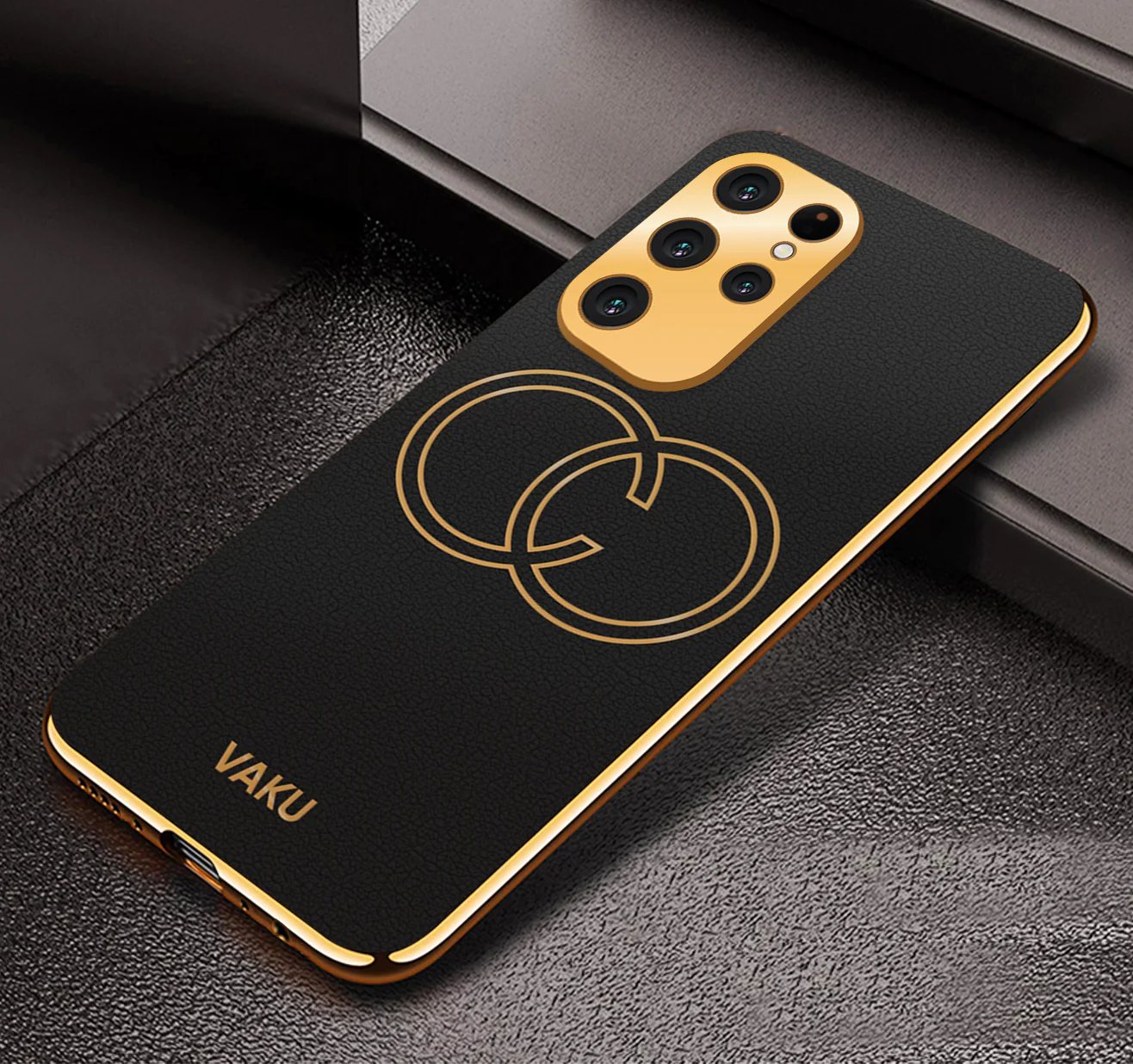 Vaku ® Samsung Galaxy S22 Ultra Skylar Leather Pattern Gold Electroplated Soft TPU Back Cover - Image 3