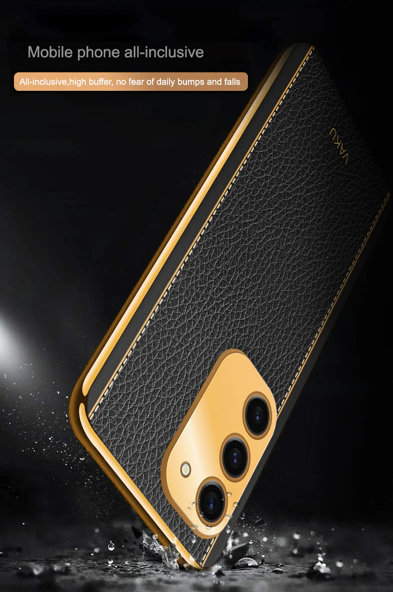 Vaku® Samsung Galaxy S23 Luxemberg Series Leather Stitched Gold Electroplated Soft TPU Back Cover - Image 14
