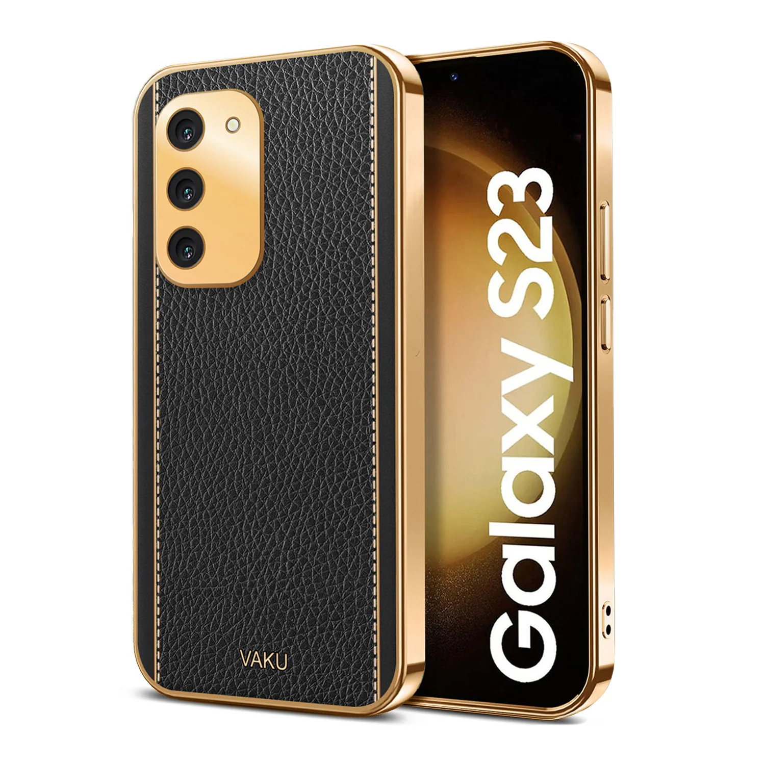 Vaku® Samsung Galaxy S23 Luxemberg Series Leather Stitched Gold Electroplated Soft TPU Back Cover - Image 4