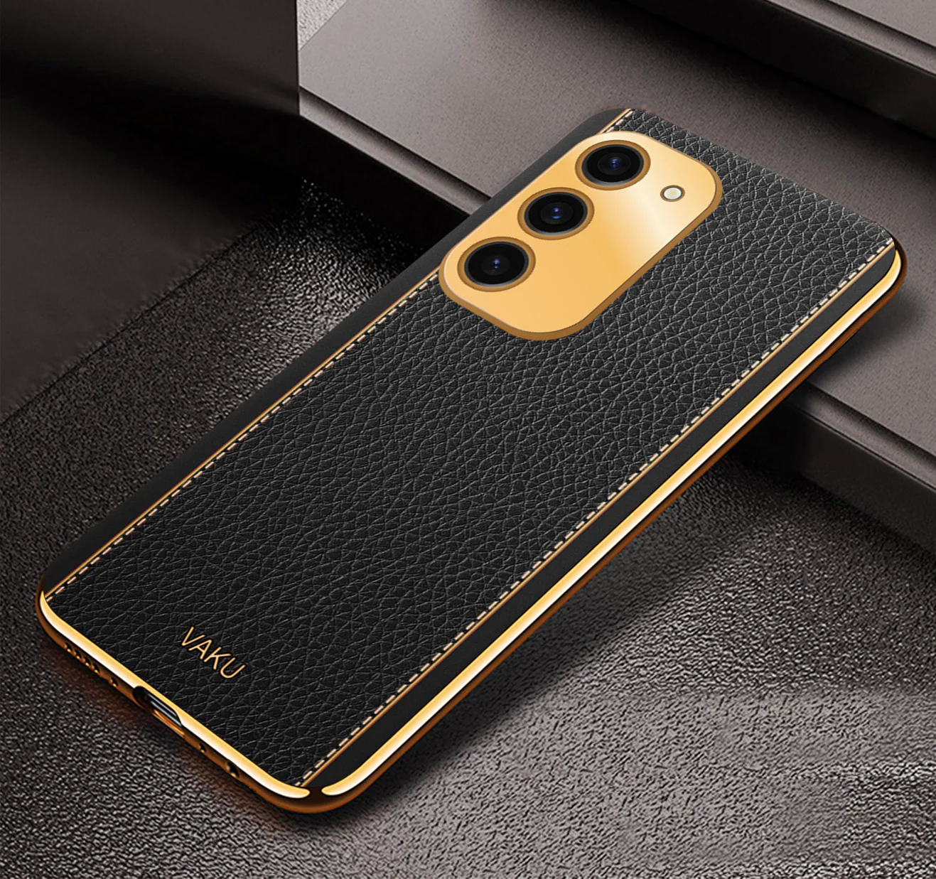 Vaku® Samsung Galaxy S23 Luxemberg Series Leather Stitched Gold Electroplated Soft TPU Back Cover - Image 6