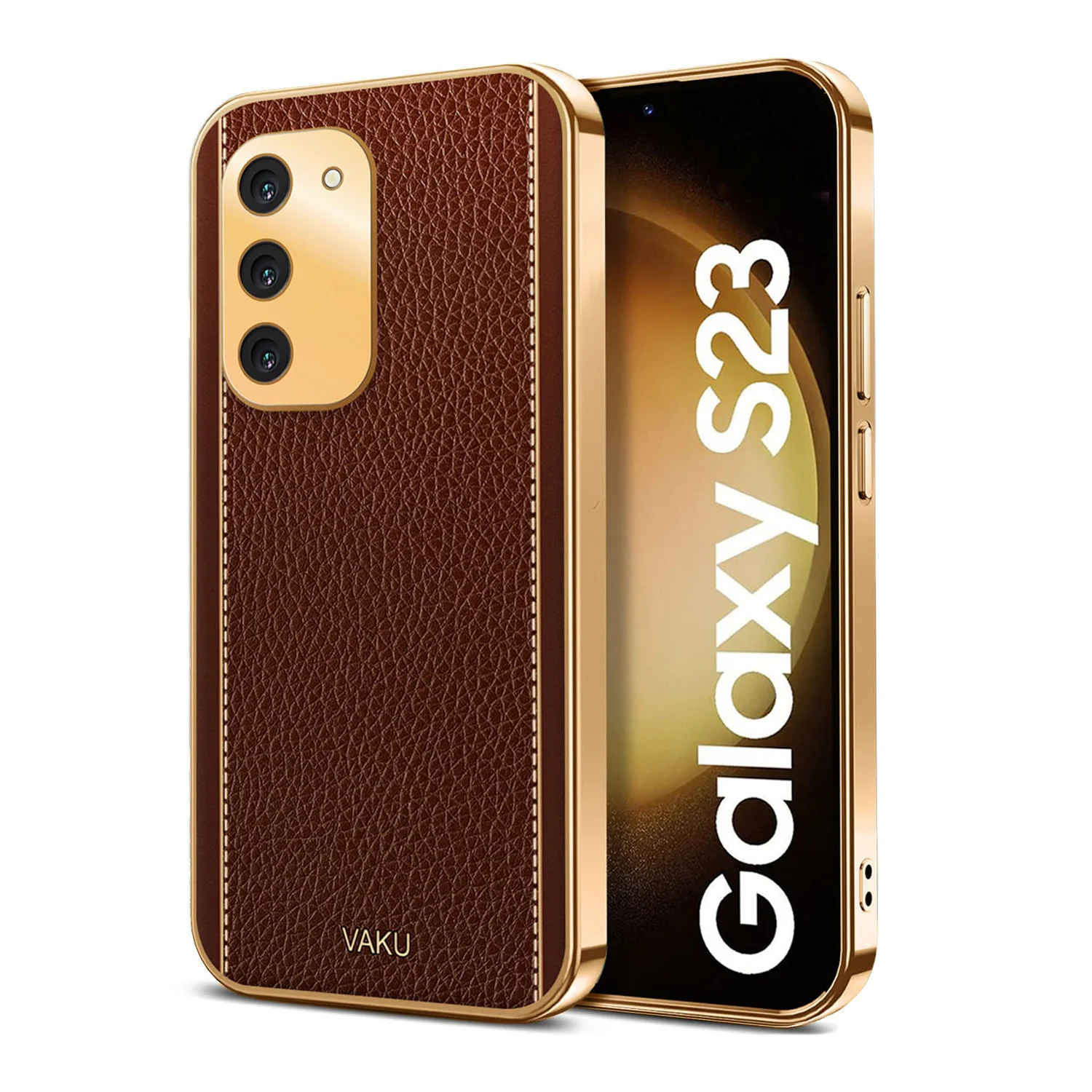 Vaku® Samsung Galaxy S23 Luxemberg Series Leather Stitched Gold Electroplated Soft TPU Back Cover - Image 8