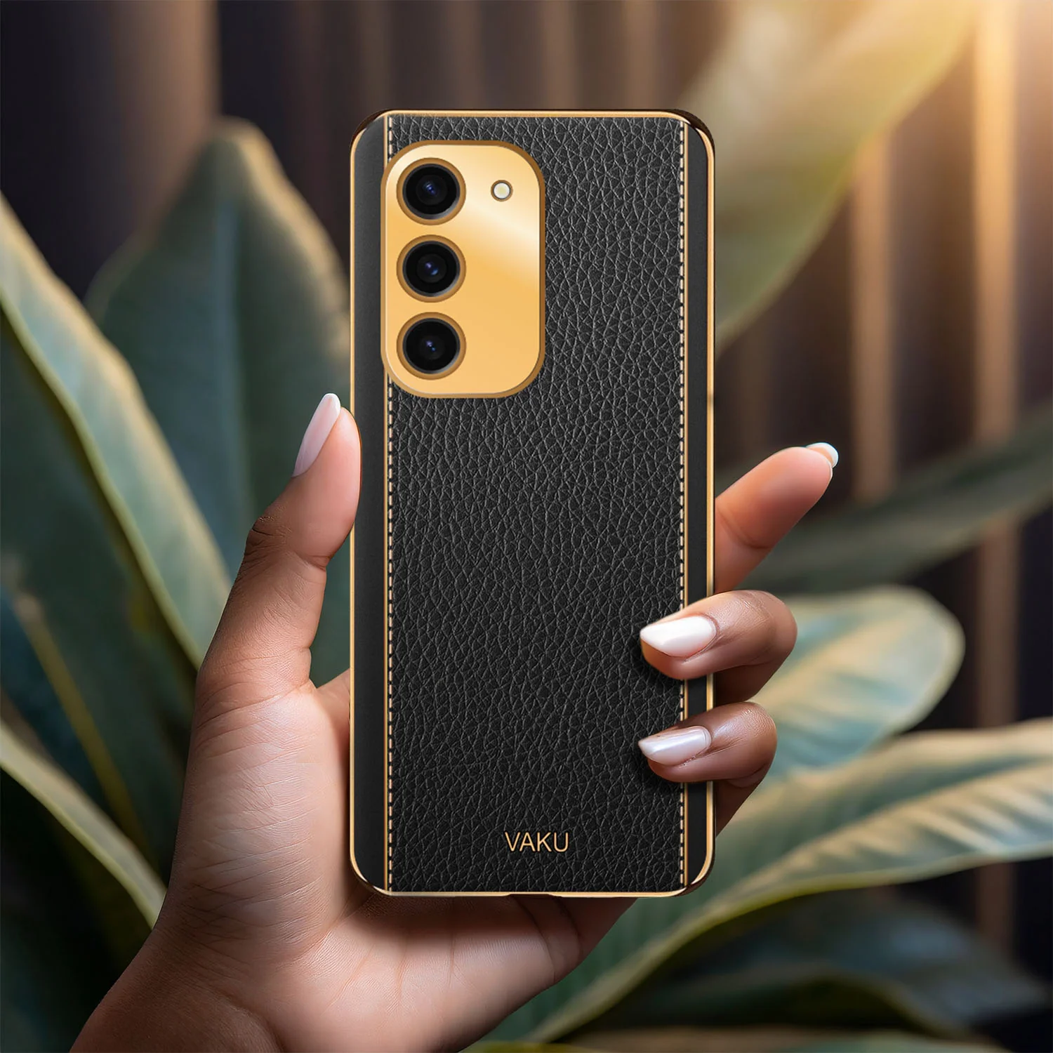 Vaku® Samsung Galaxy S23 Luxemberg Series Leather Stitched Gold Electroplated Soft TPU Back Cover - Image 9