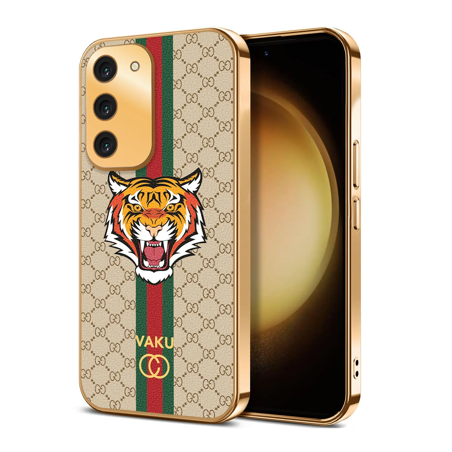 Vaku ® Samsung Galaxy S23 Lynx Leather Stitched Gold Electroplated Soft TPU Back Cover Case - Image 14