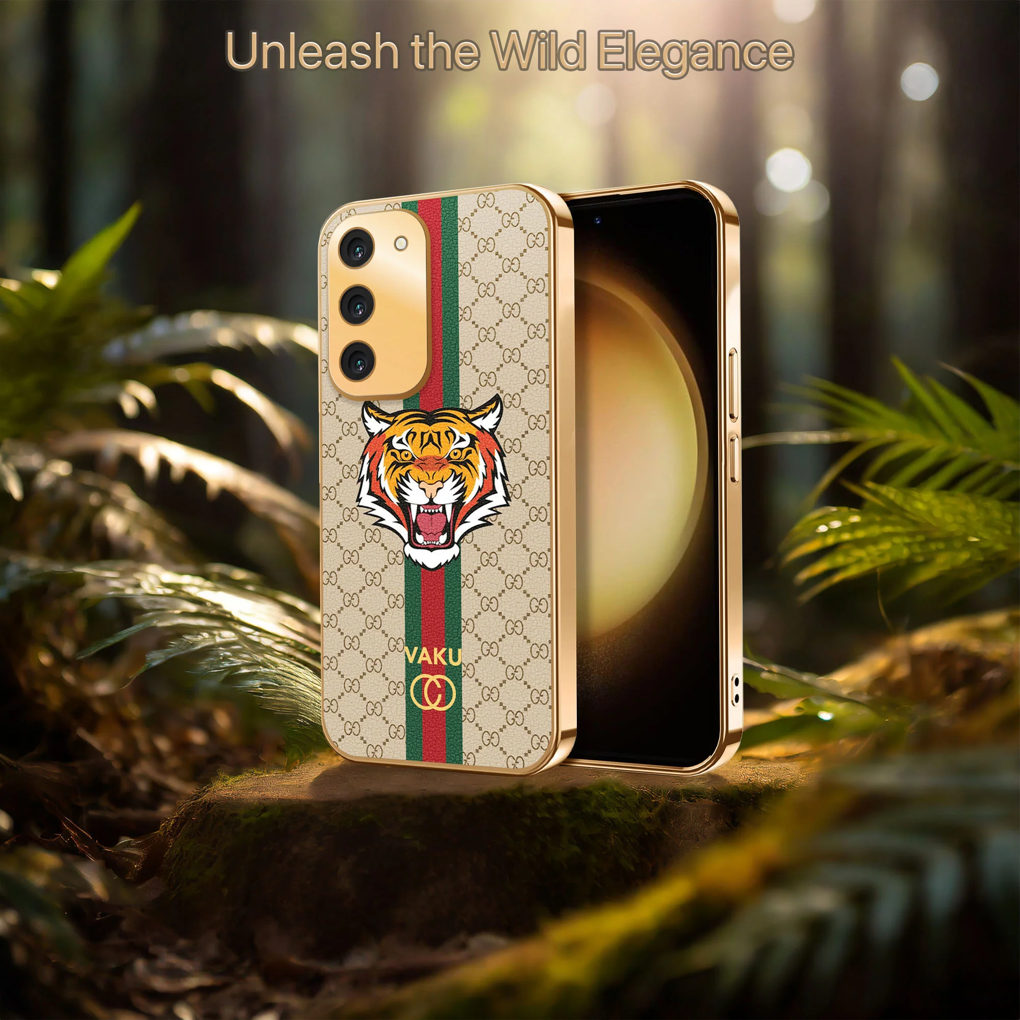 Vaku ® Samsung Galaxy S23 Lynx Leather Stitched Gold Electroplated Soft TPU Back Cover Case - Image 15
