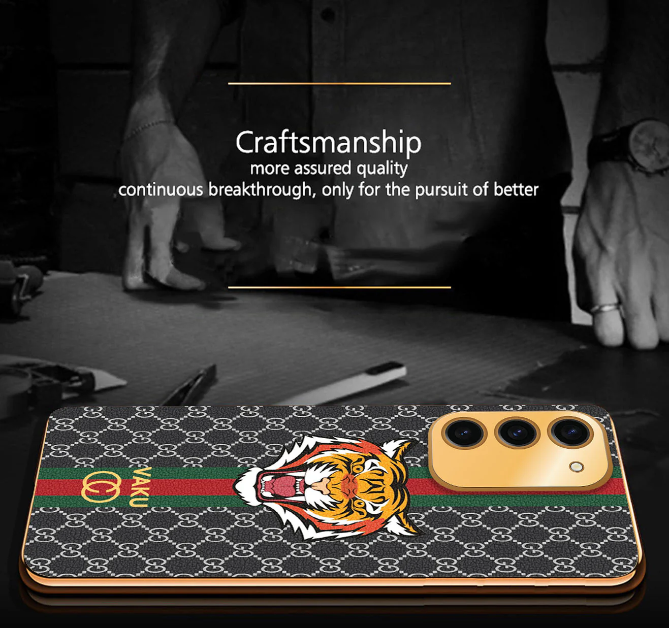 Vaku ® Samsung Galaxy S23 Lynx Leather Stitched Gold Electroplated Soft TPU Back Cover Case - Image 4