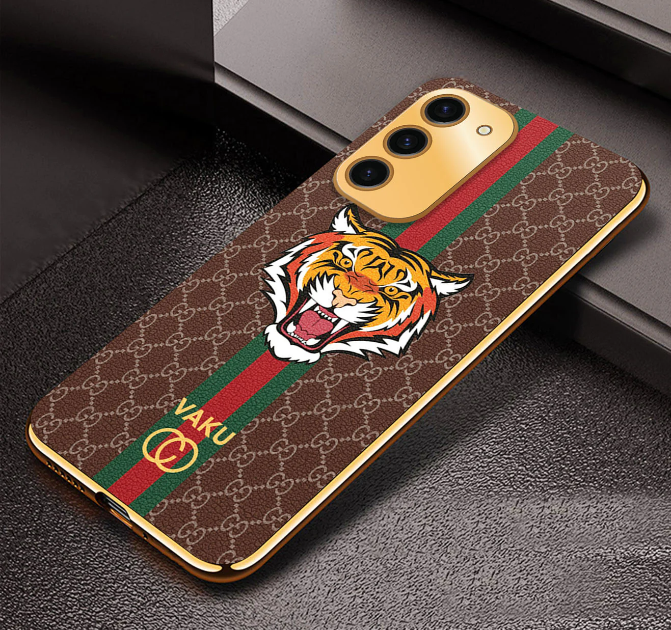 Vaku ® Samsung Galaxy S23 Lynx Leather Stitched Gold Electroplated Soft TPU Back Cover Case - Image 6