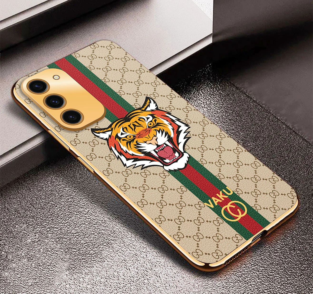 Vaku ® Samsung Galaxy S23 Lynx Leather Stitched Gold Electroplated Soft TPU Back Cover Case - Image 8