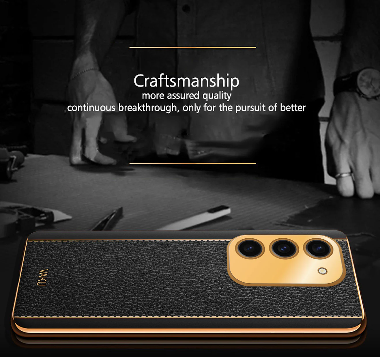 Vaku® Samsung Galaxy S23 Plus Luxemberg Series Leather Stitched Gold Electroplated Soft TPU Back Cover - Image 11