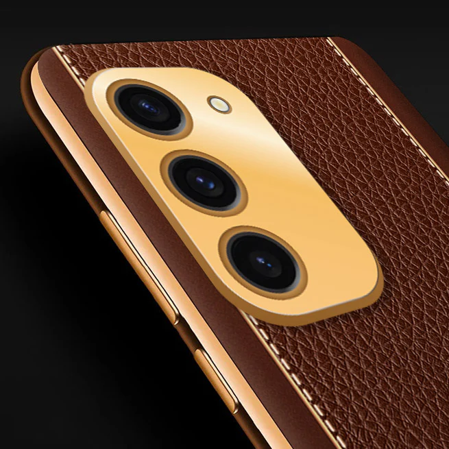 Vaku® Samsung Galaxy S23 Plus Luxemberg Series Leather Stitched Gold Electroplated Soft TPU Back Cover - Image 2