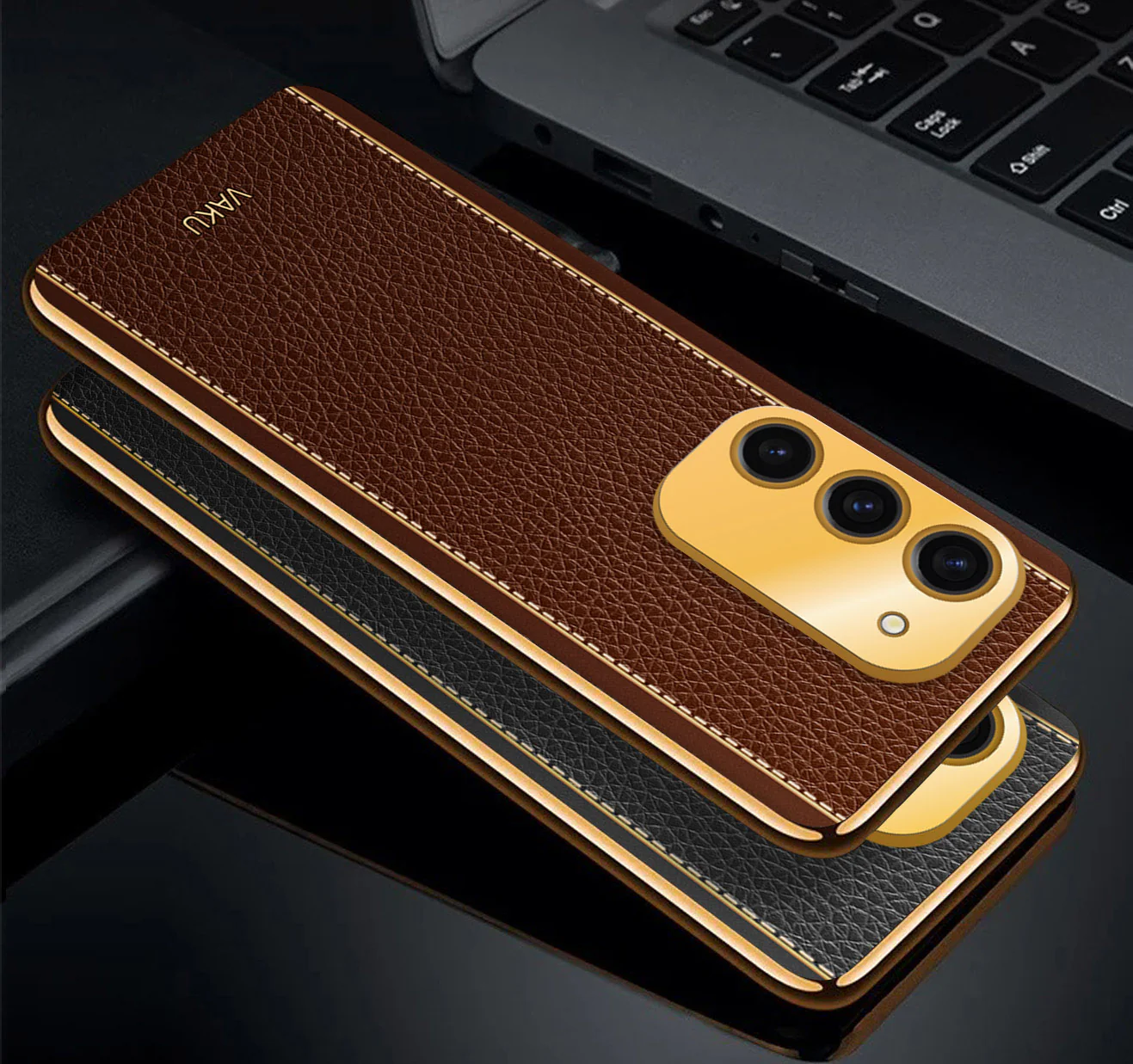 Vaku® Samsung Galaxy S23 Plus Luxemberg Series Leather Stitched Gold Electroplated Soft TPU Back Cover - Image 3