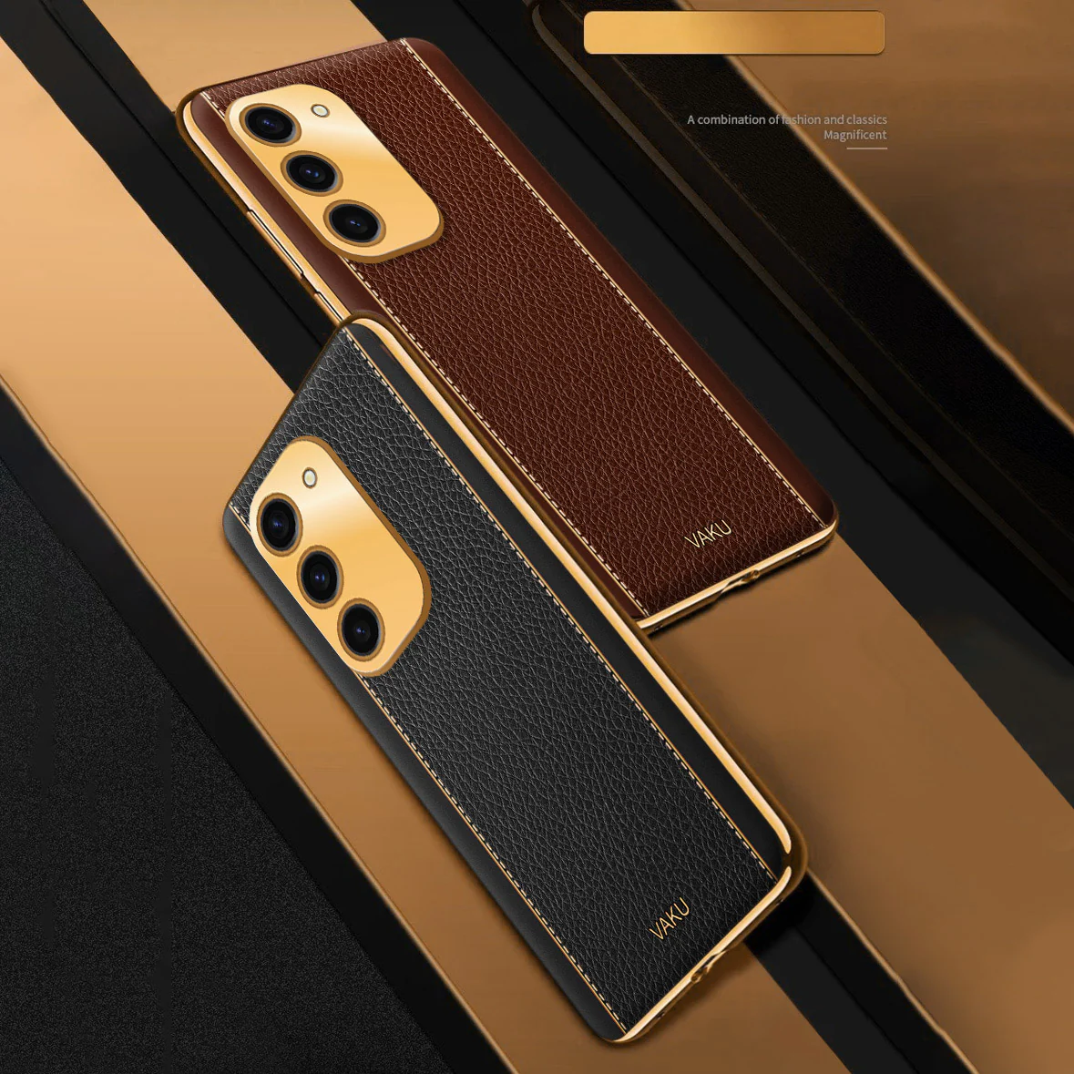 Vaku® Samsung Galaxy S23 Plus Luxemberg Series Leather Stitched Gold Electroplated Soft TPU Back Cover - Image 5