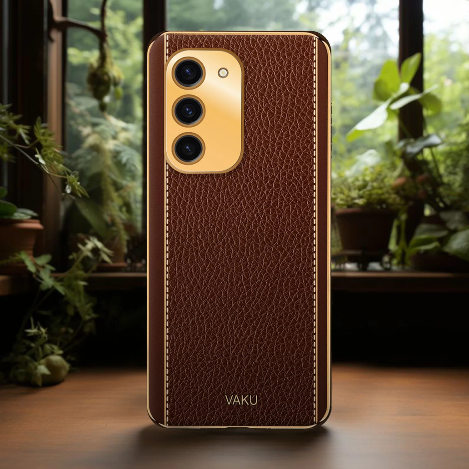 Vaku® Samsung Galaxy S23 Plus Luxemberg Series Leather Stitched Gold Electroplated Soft TPU Back Cover - Image 8