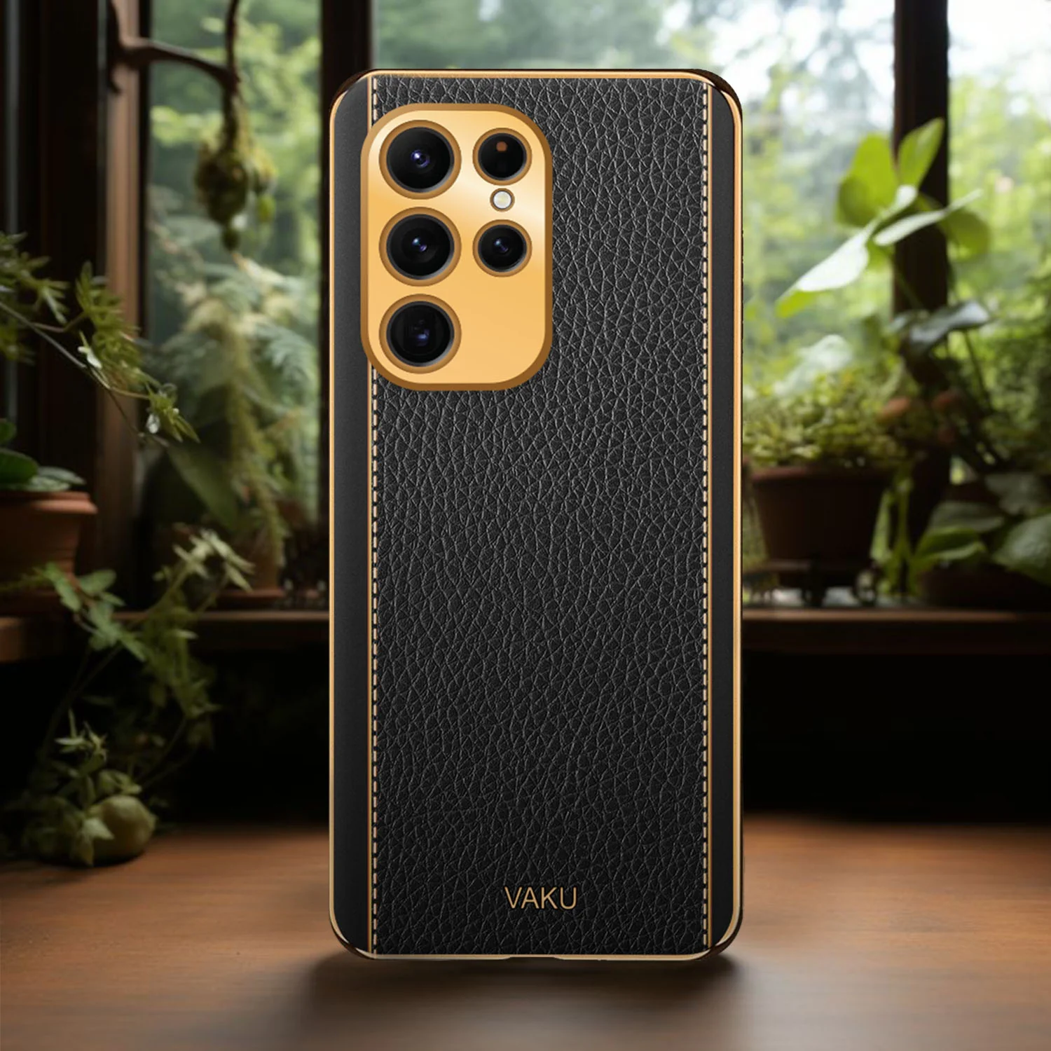 Vaku® Samsung Galaxy S23 Ultra Luxemberg Series Leather Stitched Gold Electroplated Soft TPU Back Cover - Image 14