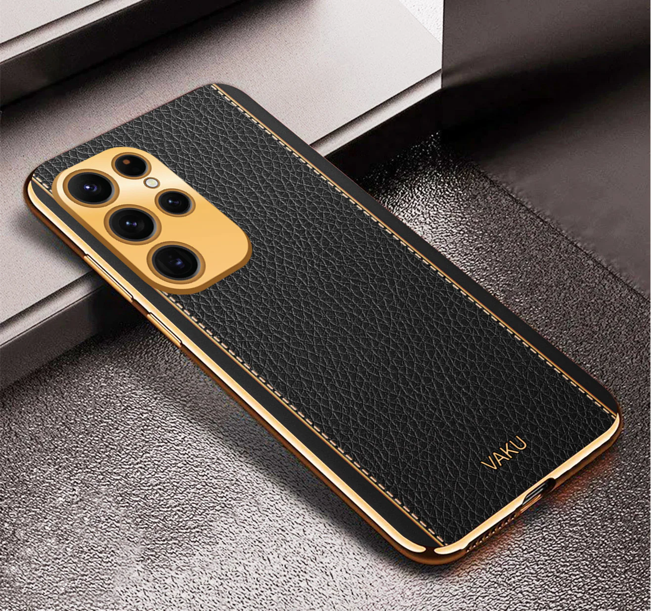 Vaku® Samsung Galaxy S23 Ultra Luxemberg Series Leather Stitched Gold Electroplated Soft TPU Back Cover - Image 15