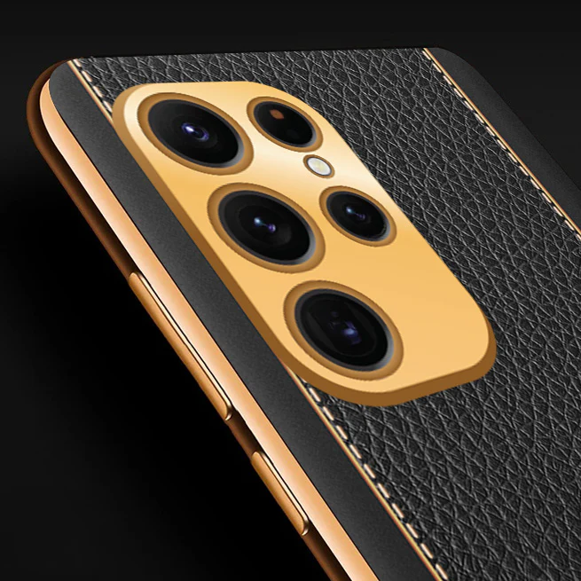 Vaku® Samsung Galaxy S23 Ultra Luxemberg Series Leather Stitched Gold Electroplated Soft TPU Back Cover - Image 2
