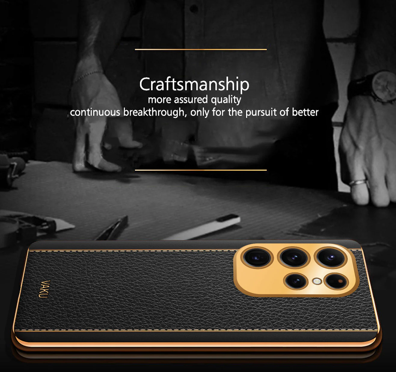 Vaku® Samsung Galaxy S23 Ultra Luxemberg Series Leather Stitched Gold Electroplated Soft TPU Back Cover - Image 4