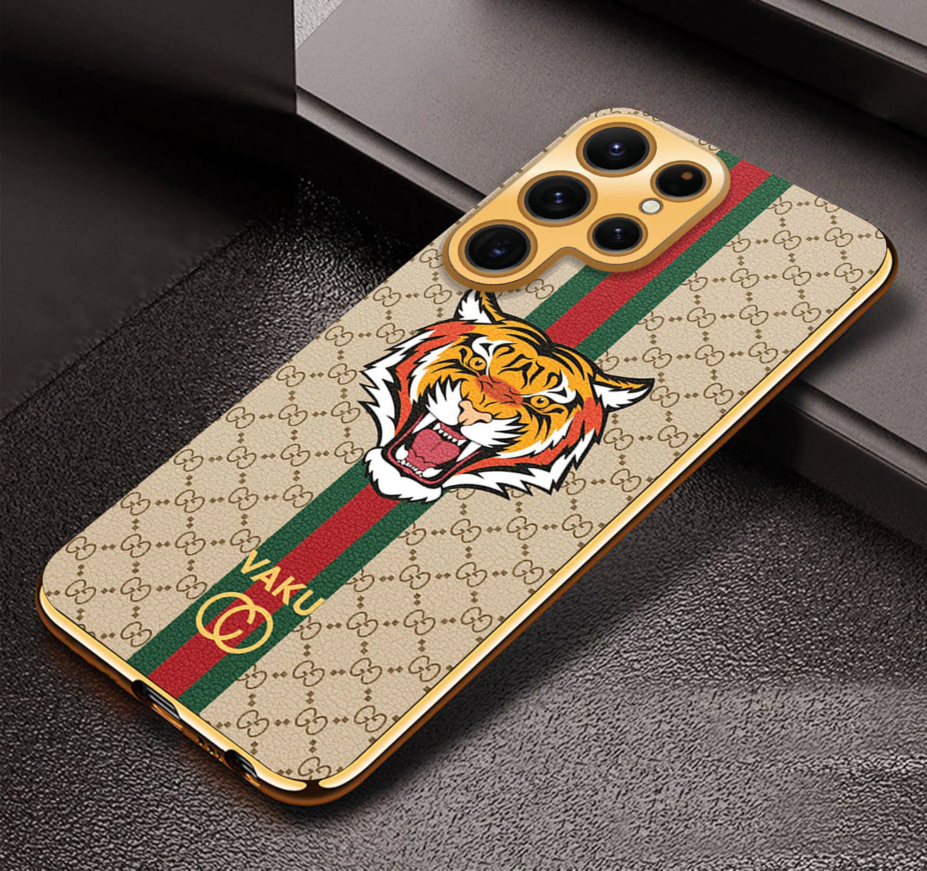 Vaku® Samsung Galaxy S23 Ultra Lynx Leather Stitched Gold Electroplated Soft TPU Back Cover Case