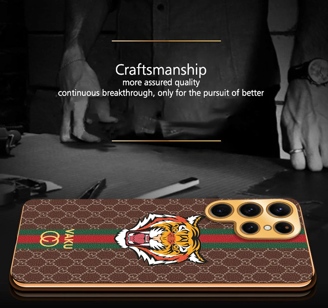 Vaku® Samsung Galaxy S23 Ultra Lynx Leather Stitched Gold Electroplated Soft TPU Back Cover Case - Image 12
