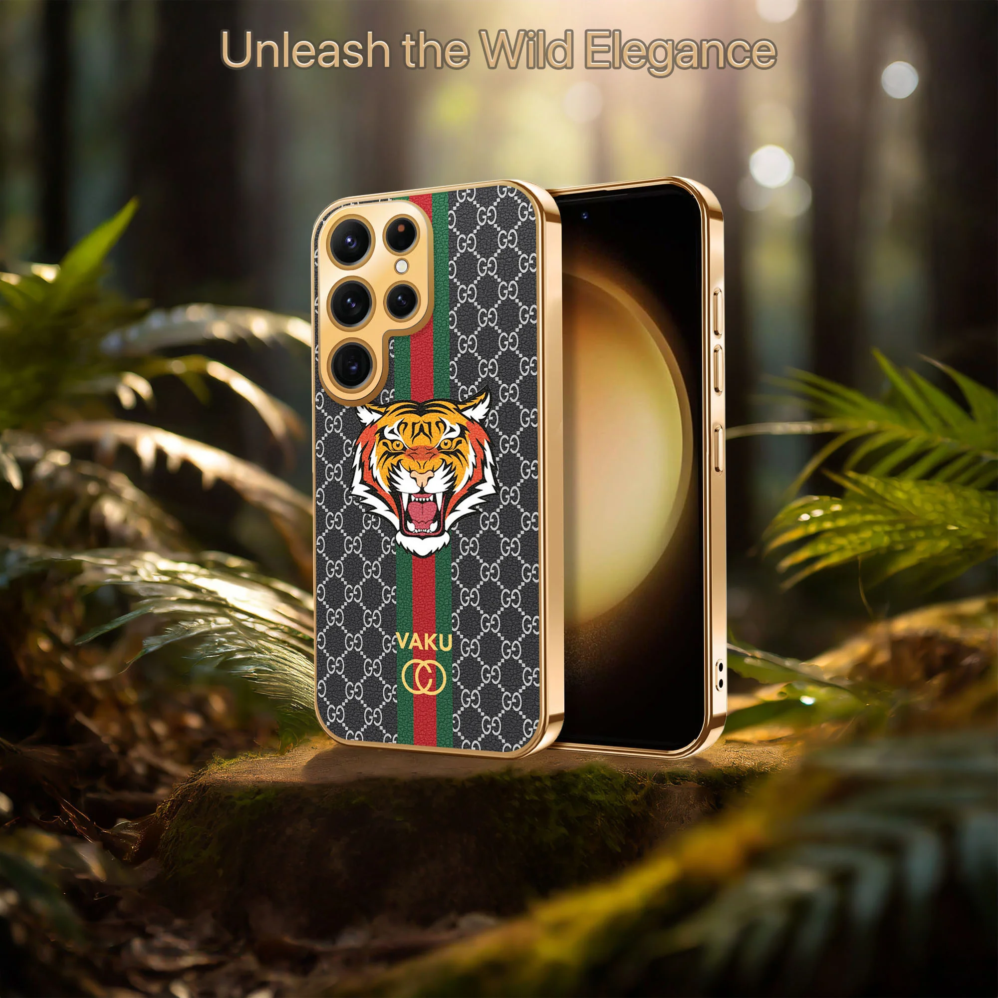 Vaku® Samsung Galaxy S23 Ultra Lynx Leather Stitched Gold Electroplated Soft TPU Back Cover Case - Image 5
